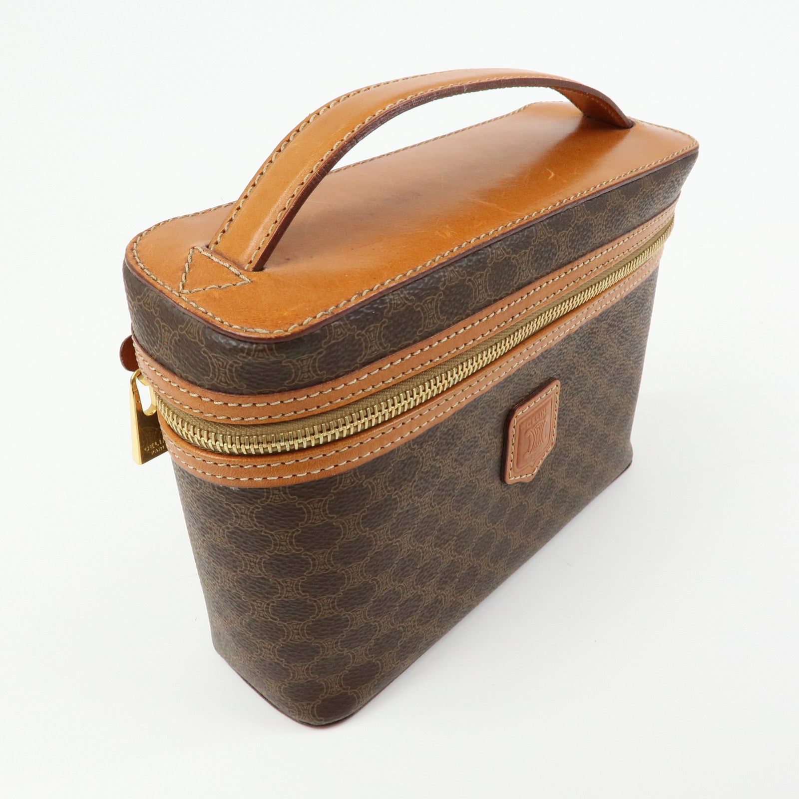 CELINE Macadam PVC Leather Hand Bag Pouch Cosmetic Pouch Brown