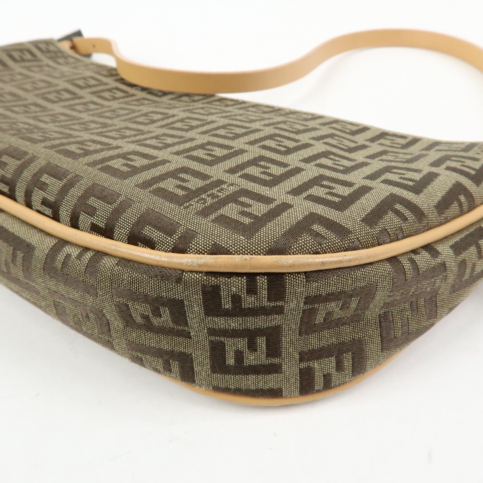 FENDI Zucchino Canvas Leather Shoulder Bag Hand Bag Beige 8BR144