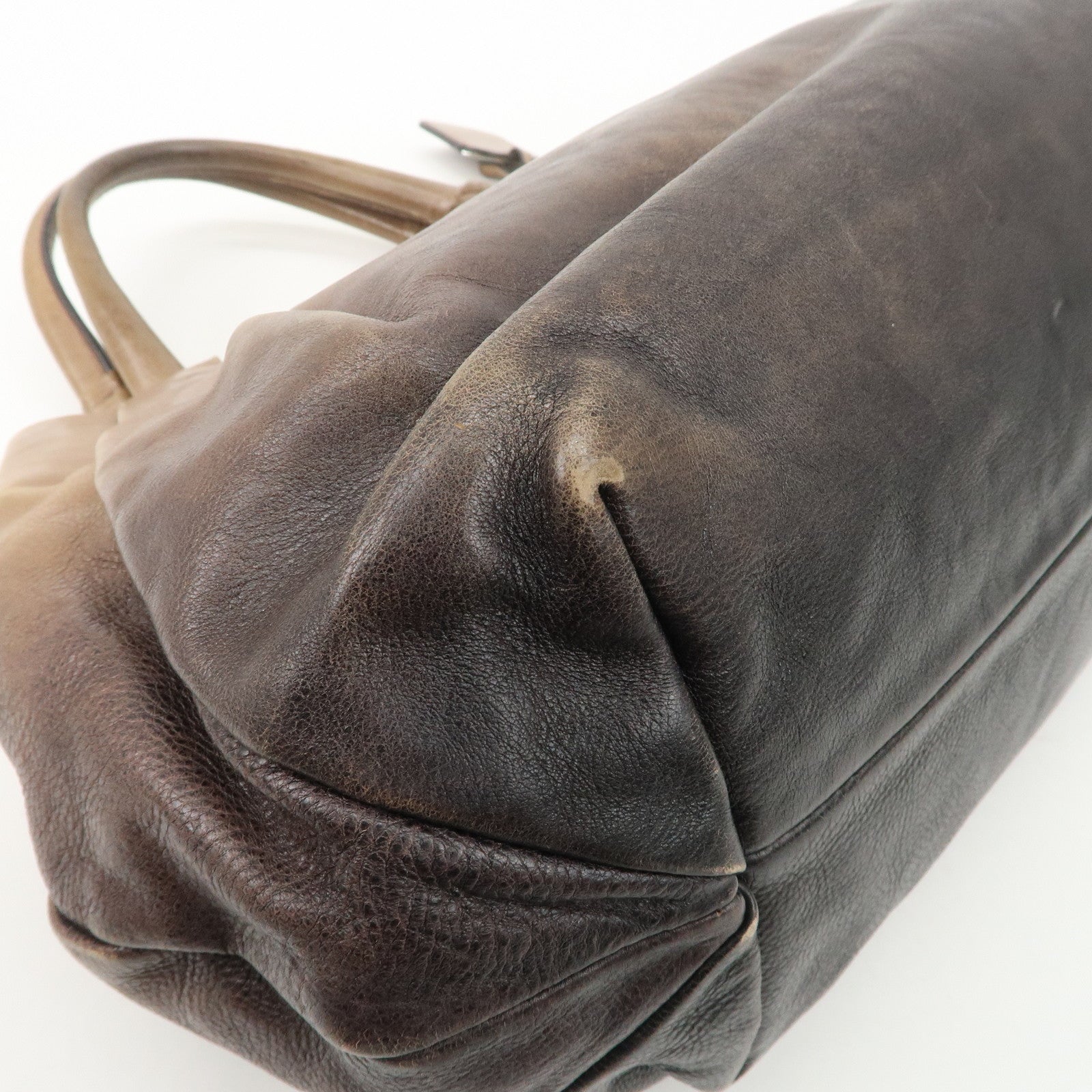 PRADA Logo Leather Tote Bag Shoulder Bag Silver HDW Black Beige
