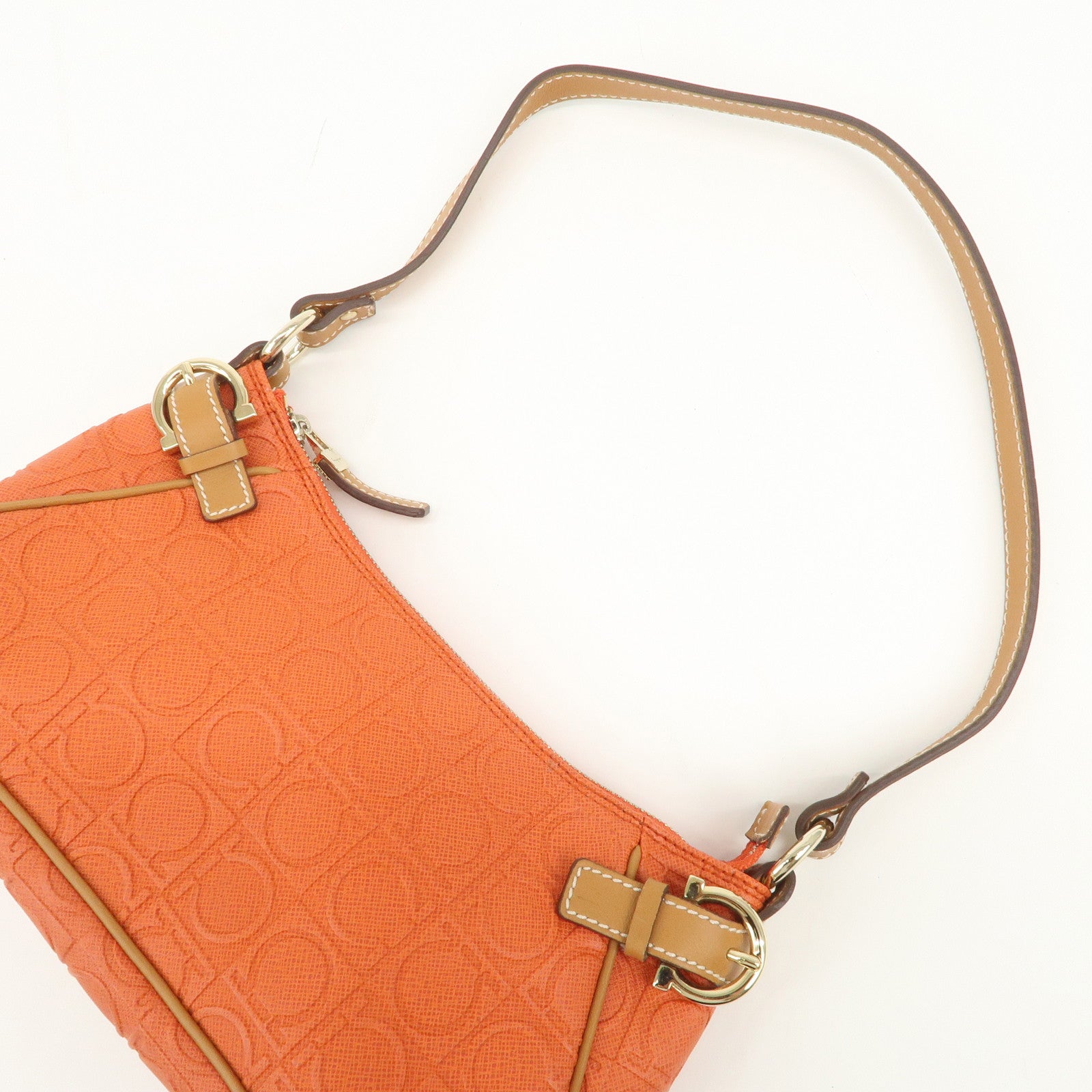 Ferragamo Gancini Leather Shoulder Bag Hand Bag Orange Beige