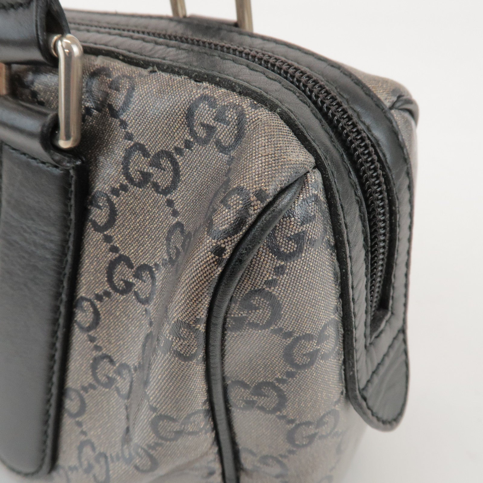 GUCCI GG Crystal Leather Boston Bag Hand Bag Silver Black 257289