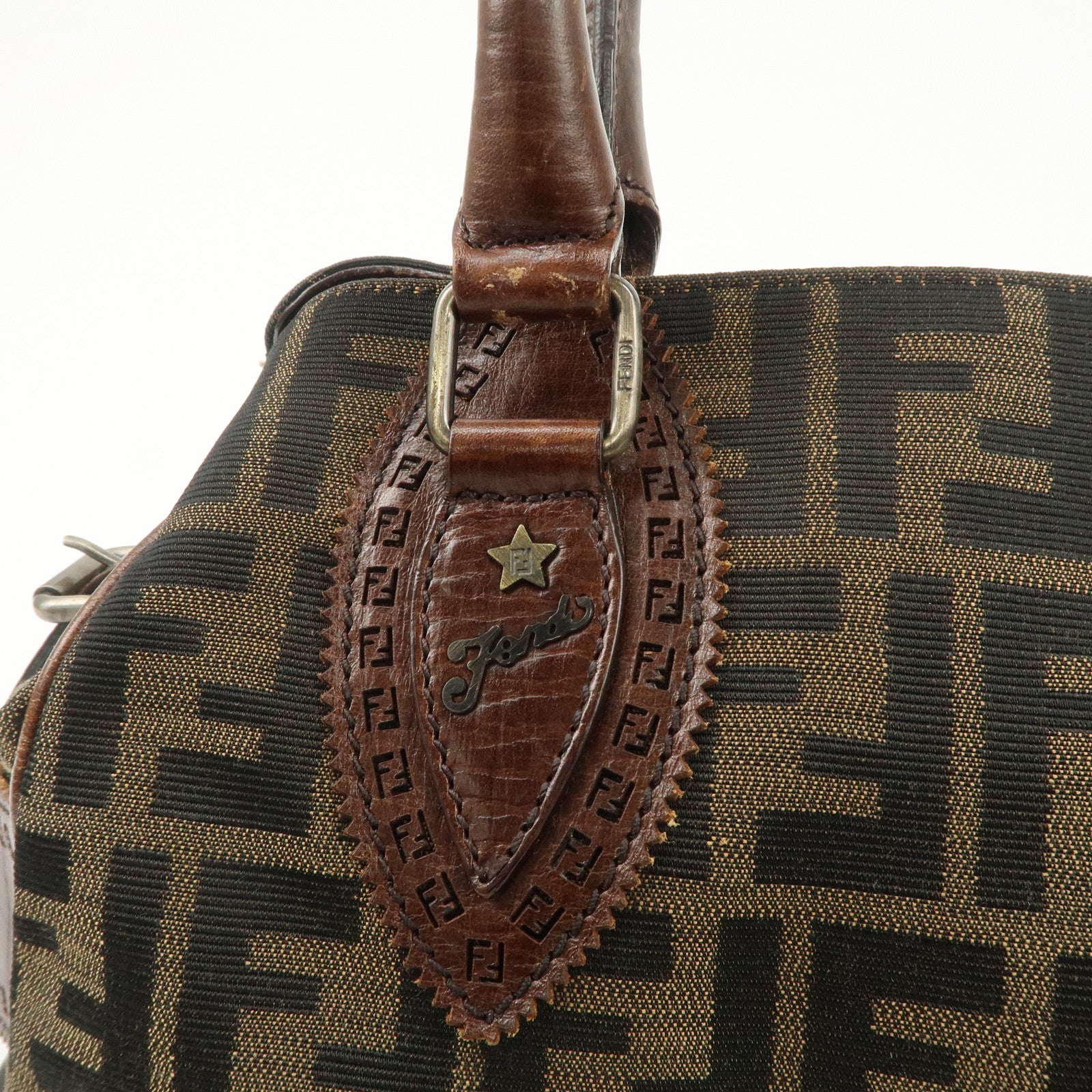 FENDI Zucca Canvas Leather Tote Bag Hand Bag Black Brown 8BN162 Used
