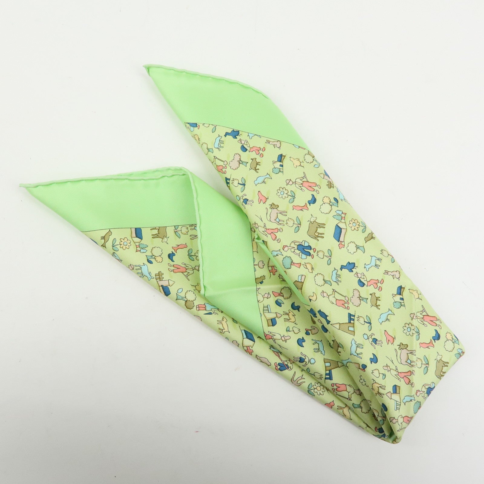 HERMES Petit Carre 40 Silk 100% Mini Scarf Farm Motif Green Yellow