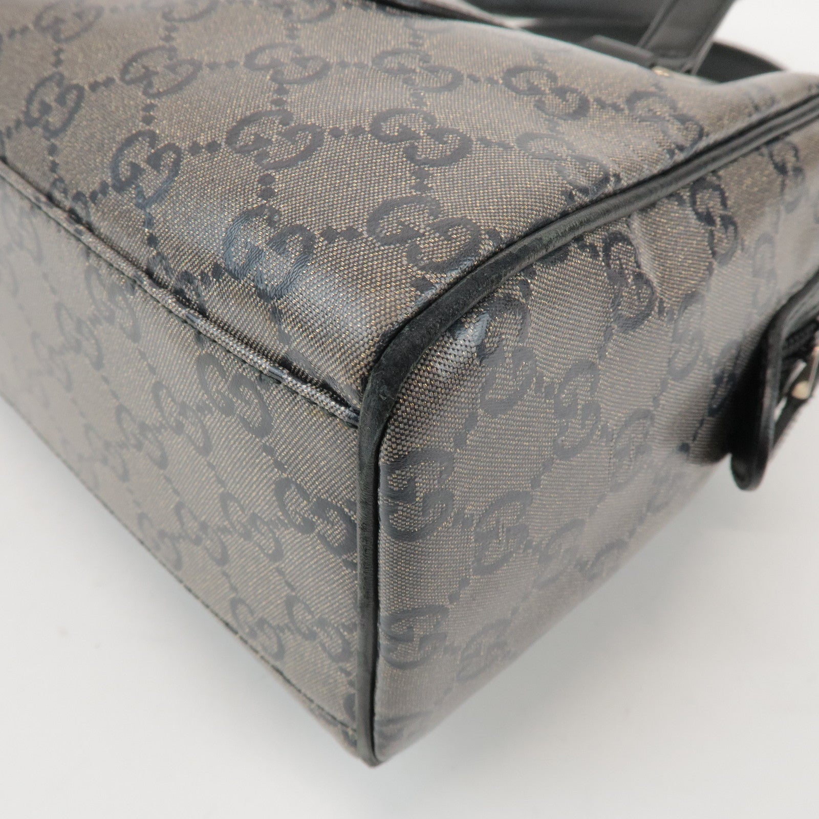 GUCCI GG Crystal Leather Boston Bag Hand Bag Silver Black 257289