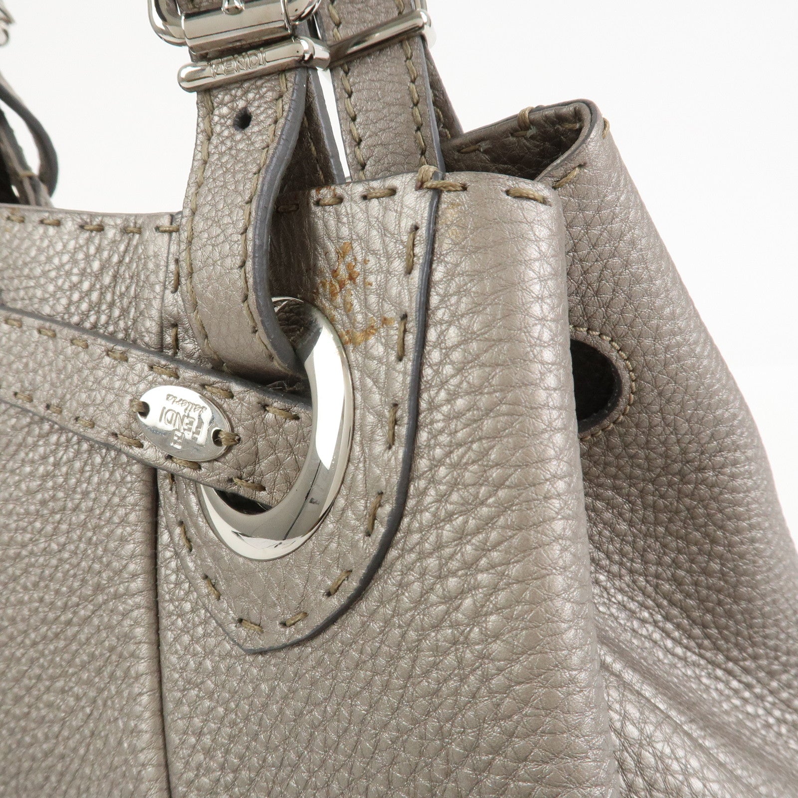 FENDI Selleria Leather Hand Bag Shoulder Bag Silver 8BR595