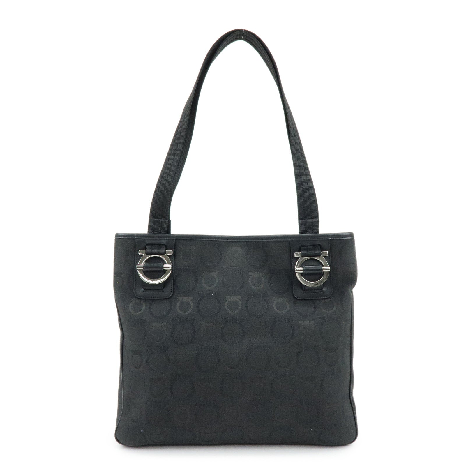 Ferragamo Gancini Canvas Leather Tote Bag Shoulder Bag Black