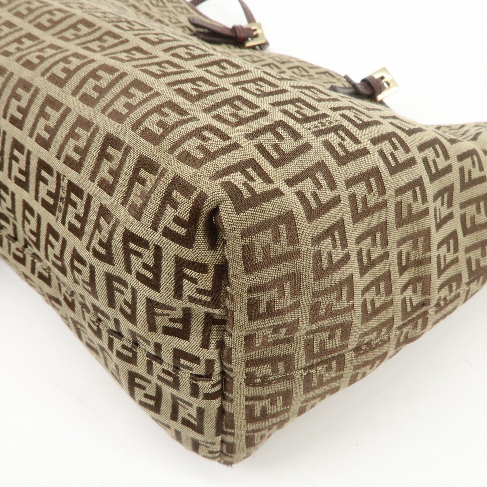 FENDI Zucchino Canvas Leather Tote Shoulder Bag Beige Brown 8BH127