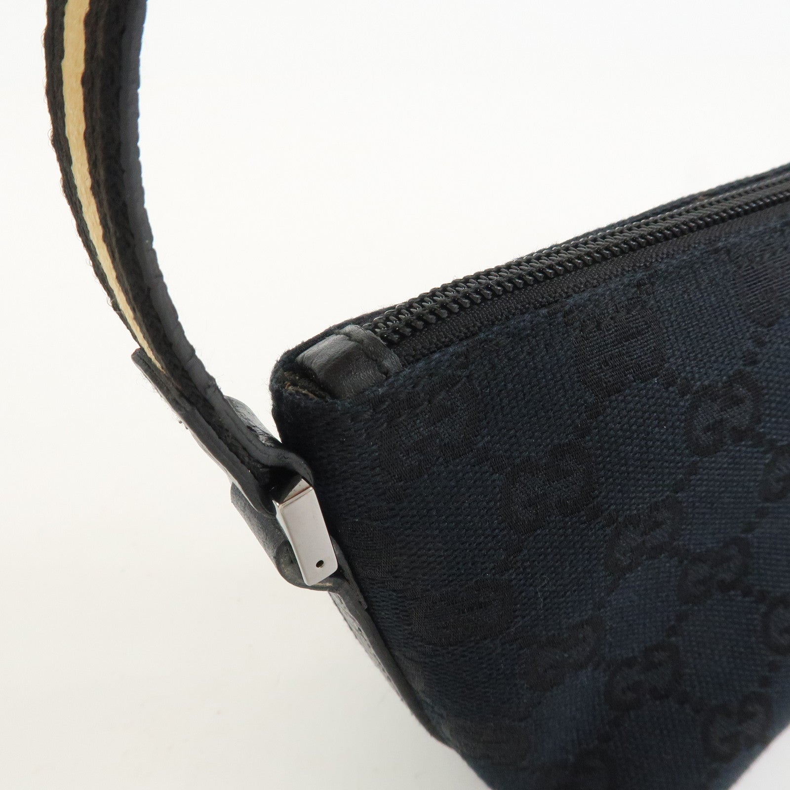 GUCCI Boat Bag Sherry GG Canvas Leather Hand Bag Black 141809