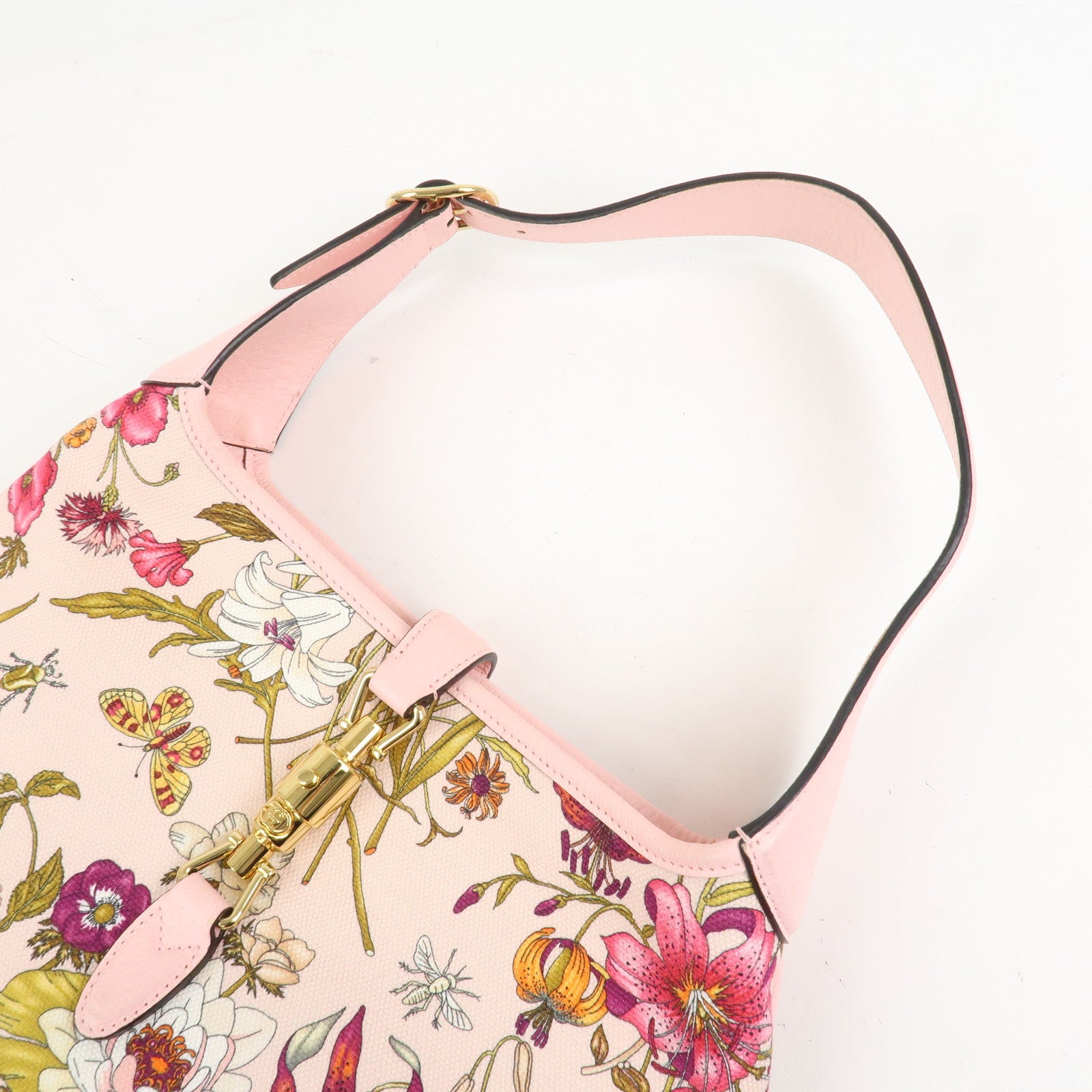 GUCCI New Jackie Flora Canvas Leather Shoulder Bag Hand Bag Pink 550152
