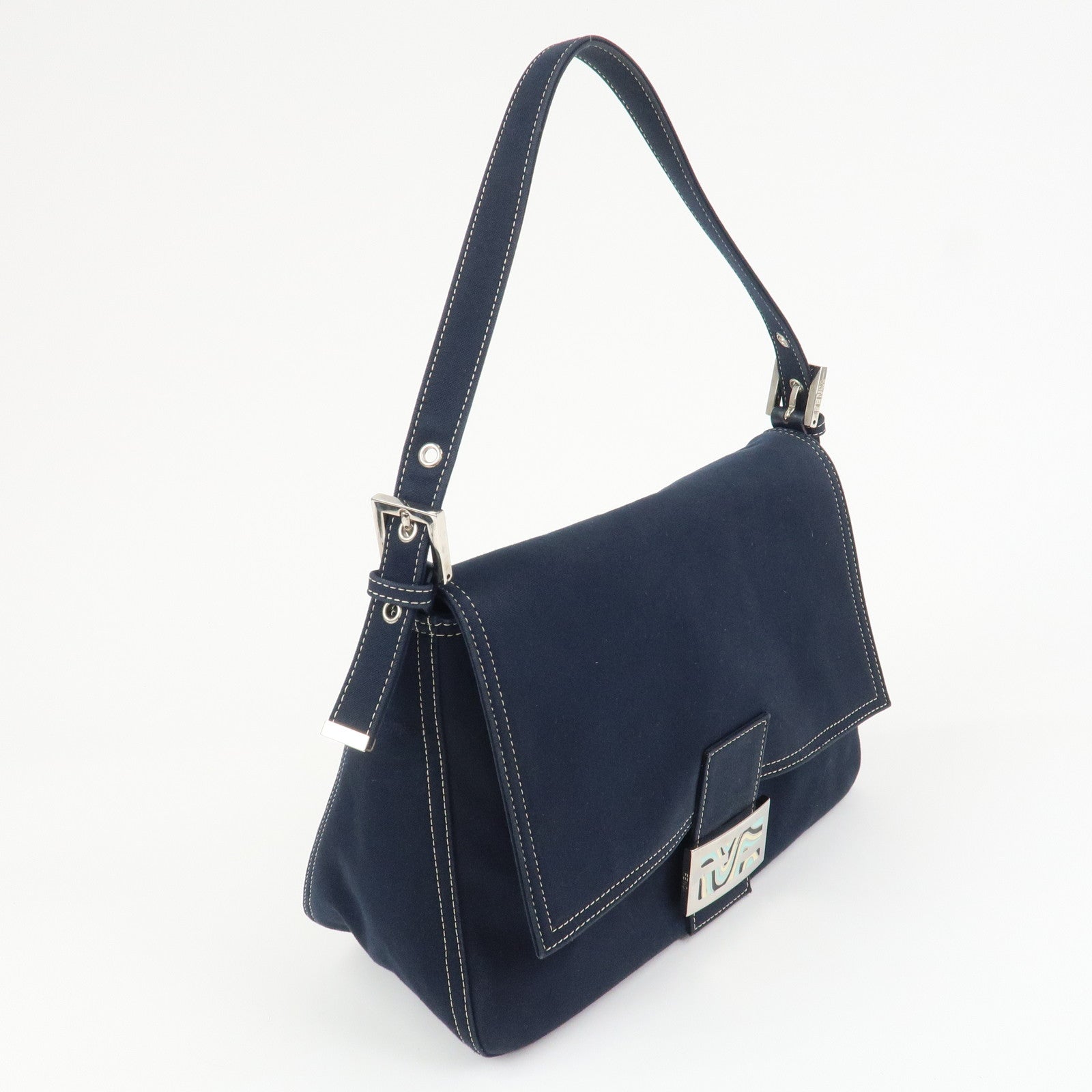 FENDI Mamma Baguette Canvas Shoulder Bag Hand Bag Navy 26325