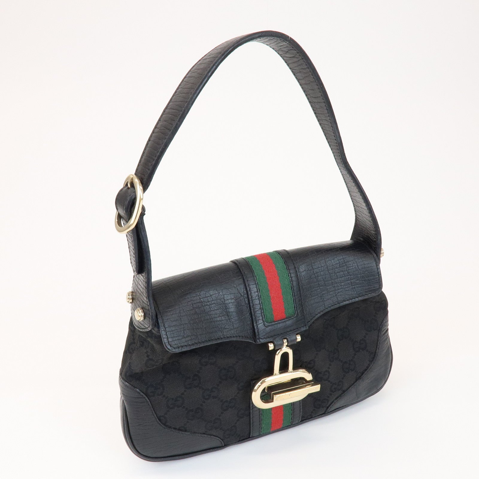 GUCCI Sherry GG Canvas Embossed Leather Shoulder Bag Black 130846