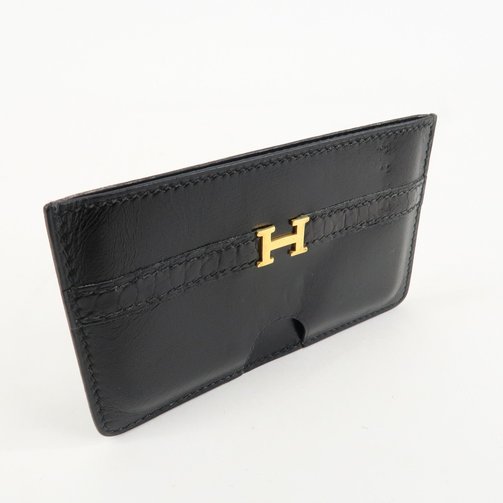 HERMES Leather □T Stamped Card Case Balck Gold Used