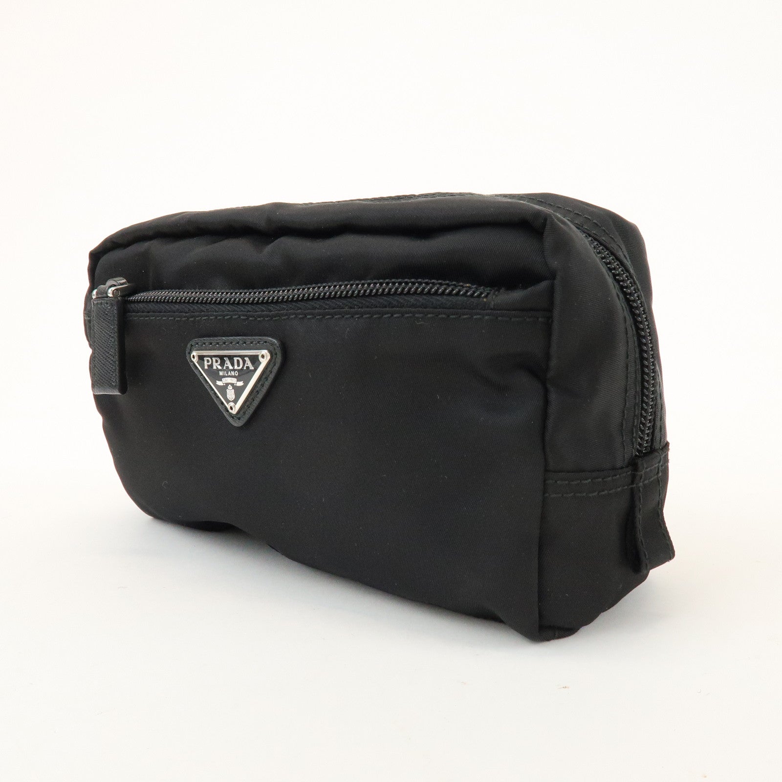 PRADA Triangle Logo Nylon Saffiano Leather Pouch Black 1NA393