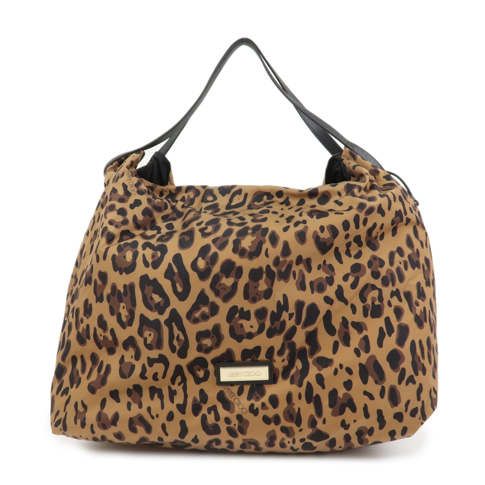 JIMMY CHOO Nylon Tote Bag Shoulder Bag Leopard Brown Black