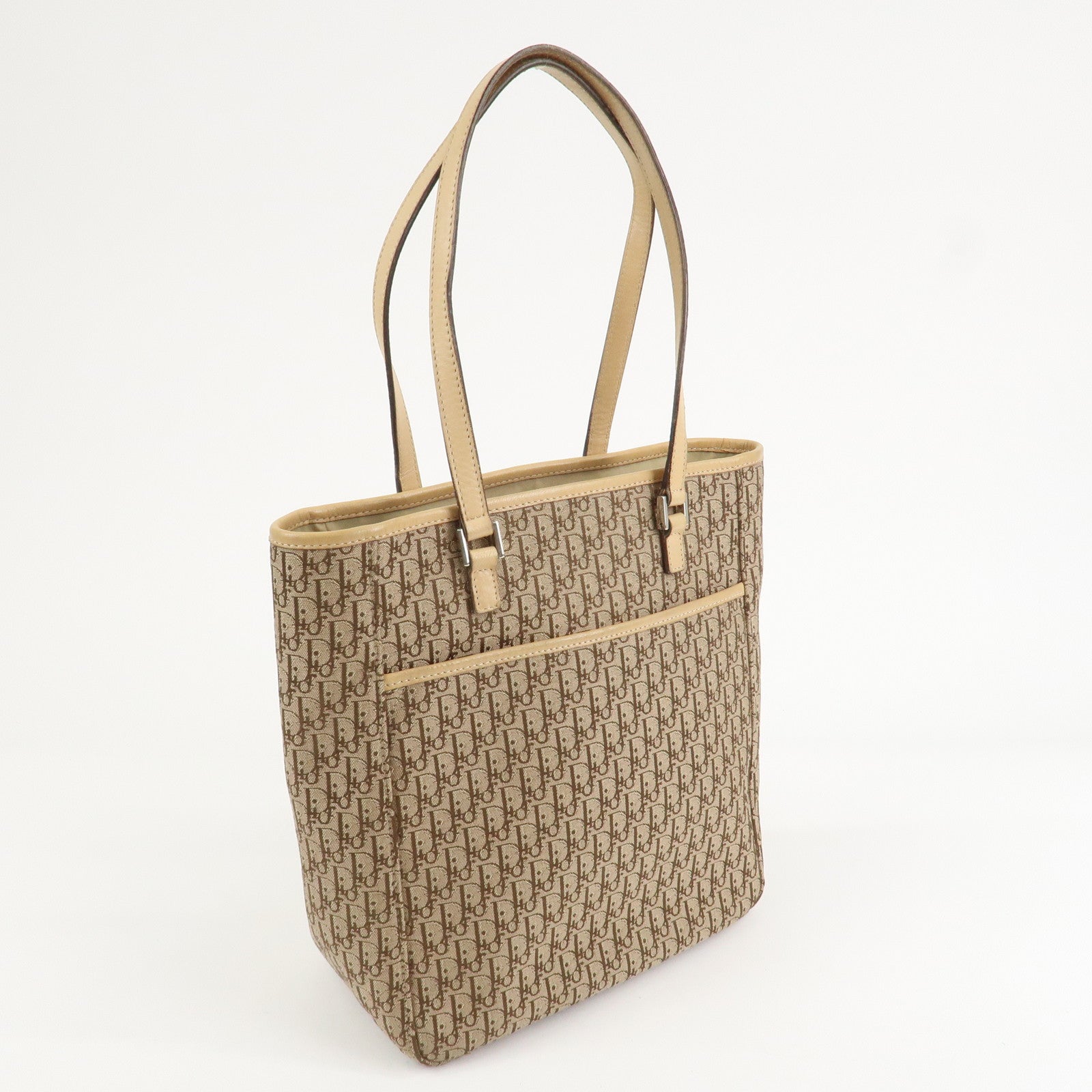 Christian Dior Trotter Leather Canvas Tote Bag Shoulder Bag Beige