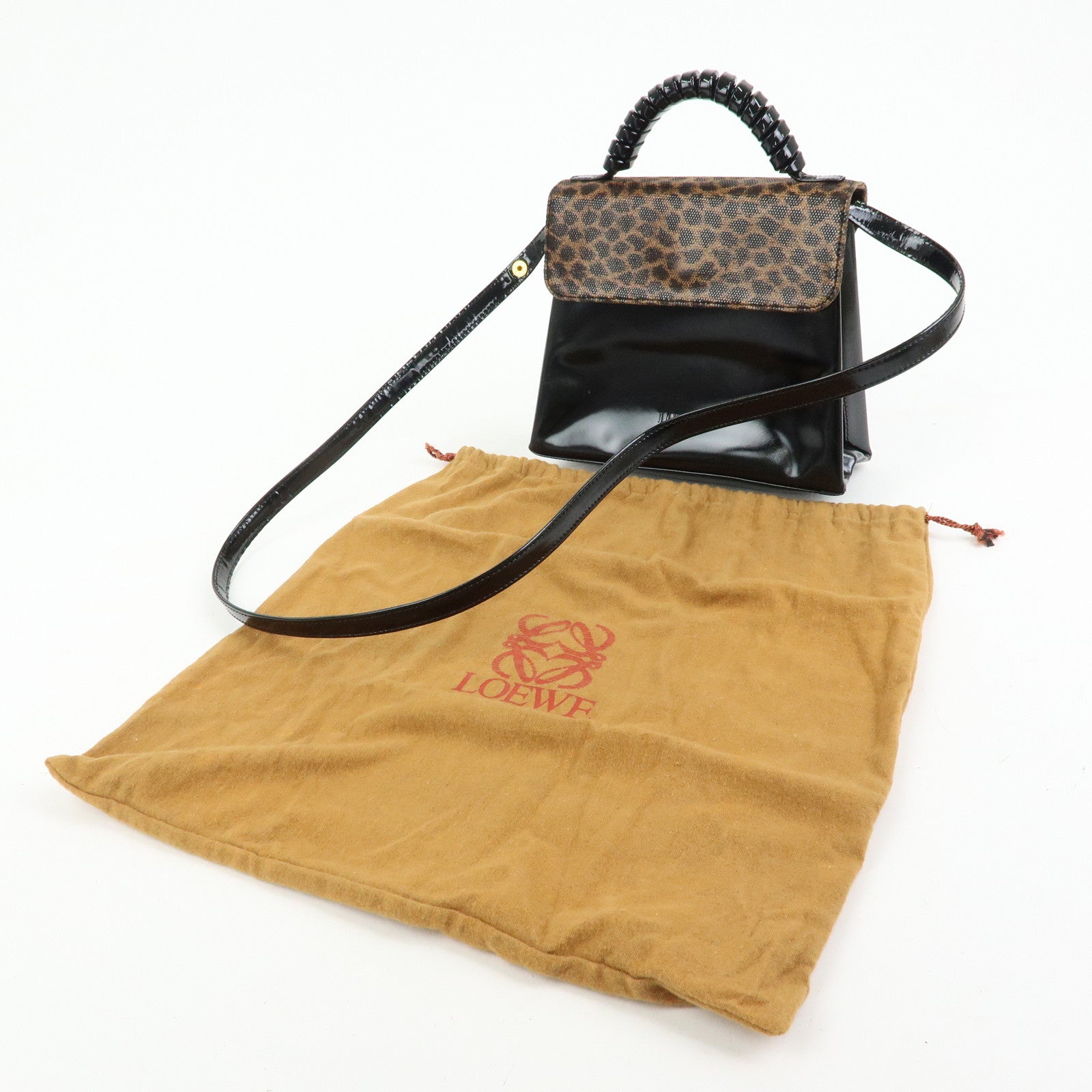 LOEWE Velazquez Patent Leather 2Way Hand Shoulder Bag Leopard Black