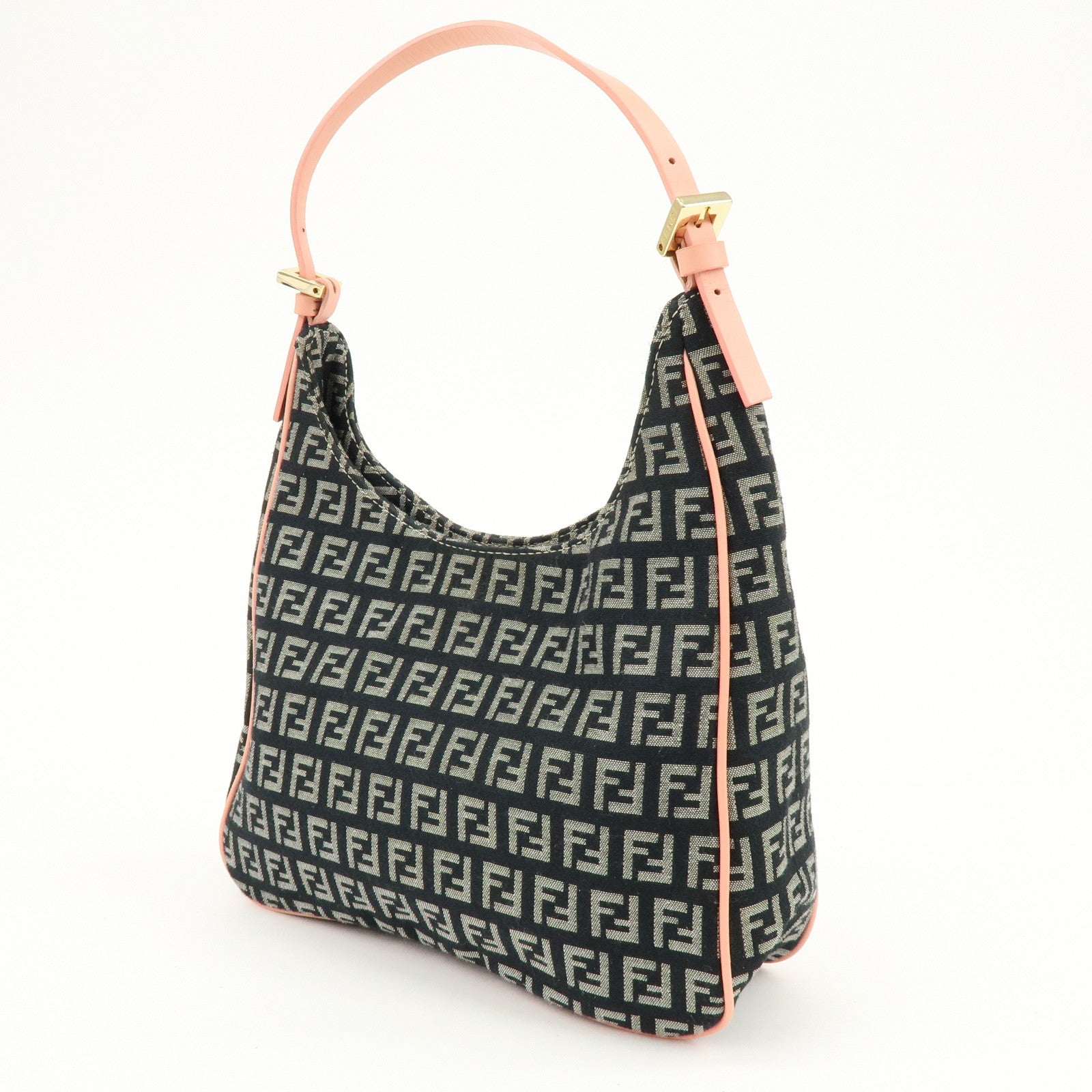 FENDI Zucchino Canvas Leather Hand Shoulder Bag Navy Pink 8BR158