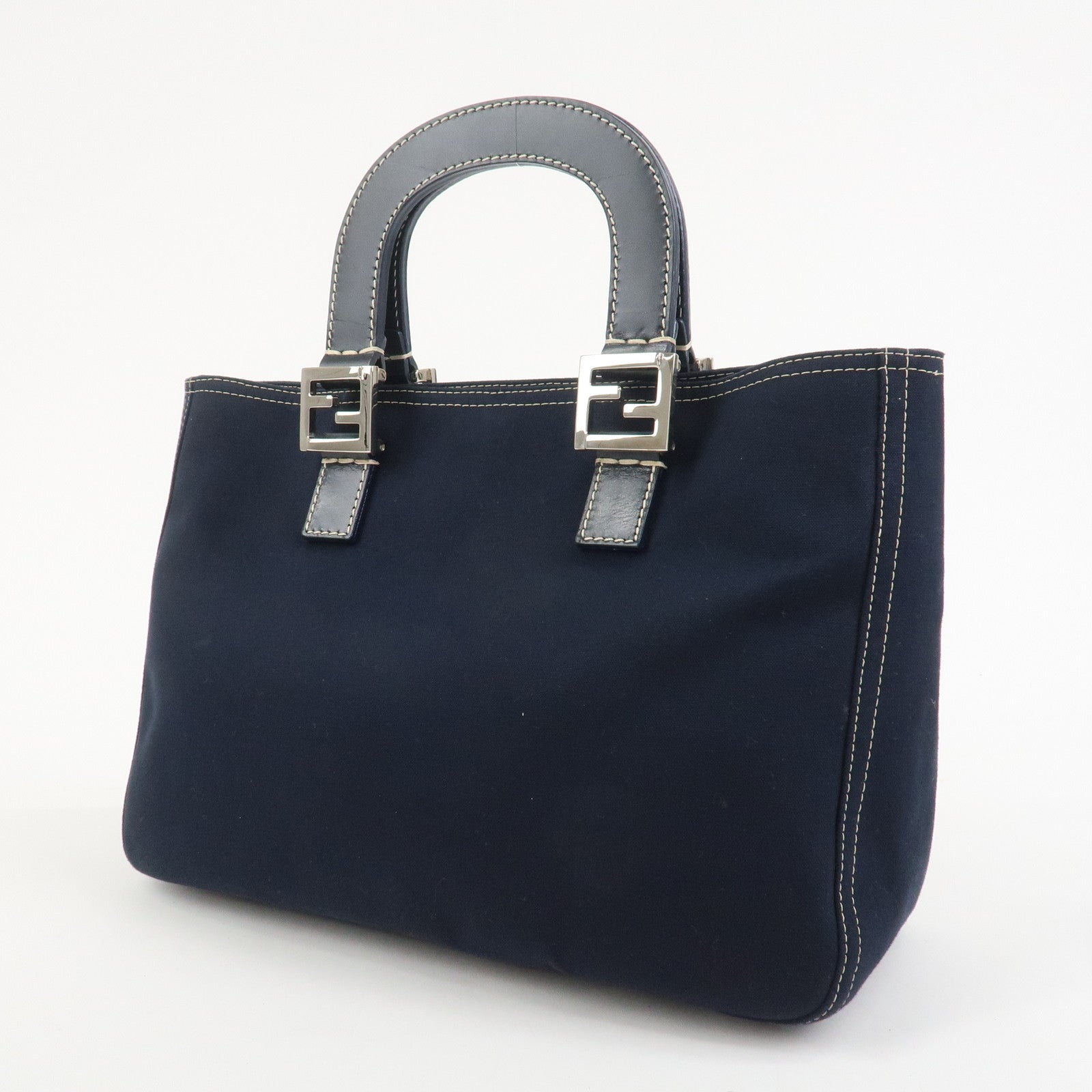 FENDI Canvas Leather Hand Bag Tote Bag Navy 26693