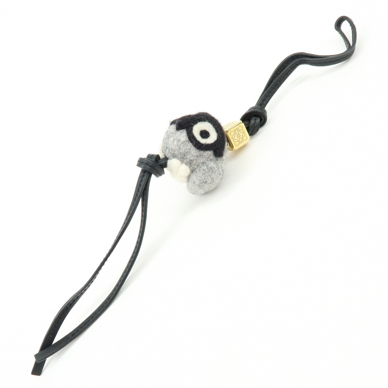 LOEWE Owl Motif Felt Calf Leather Bag Charm Key Holder Gray Black
