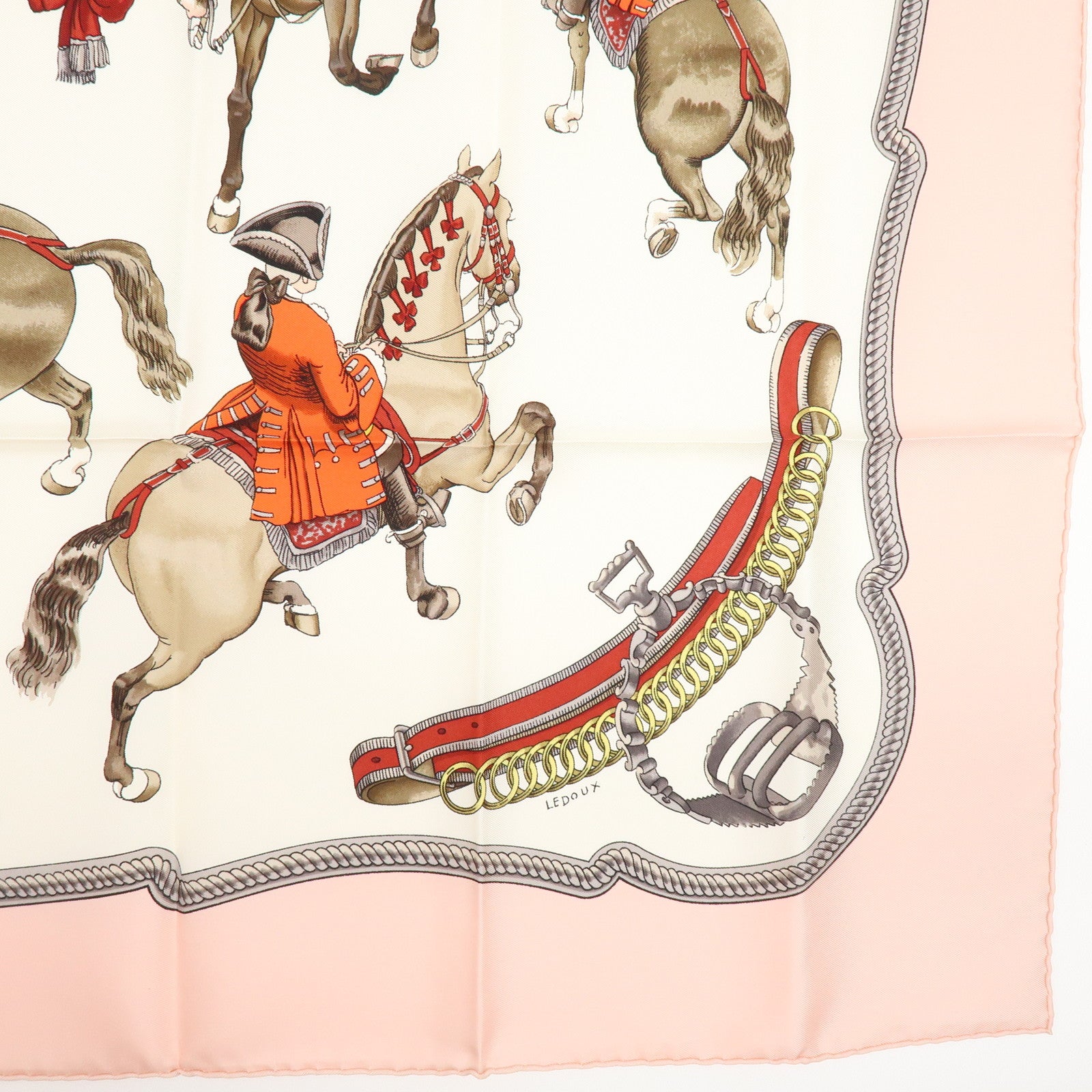 HERMES Carre 90 Silk 100% Scarf REPRISE Pink White