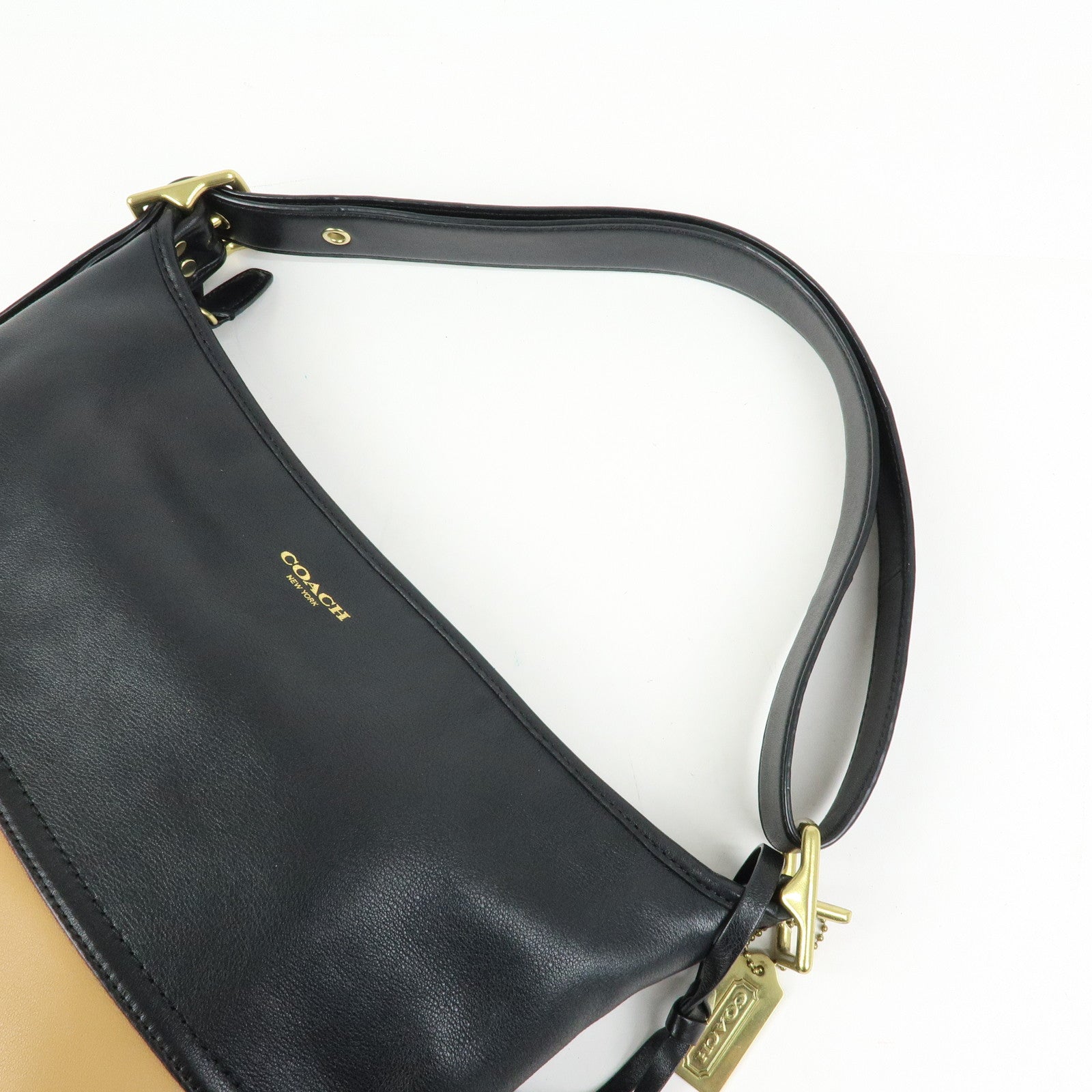COACH Leather Shoulder Bag Tassel Charm Black Beige