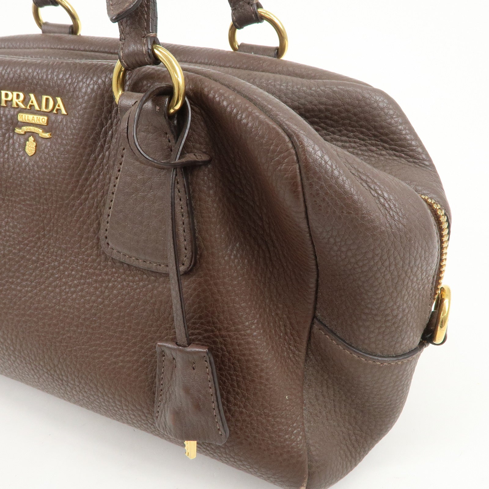 PRADA Logo Leather Shoulder Bag Boston Bag Hand Bag Brown B3091M