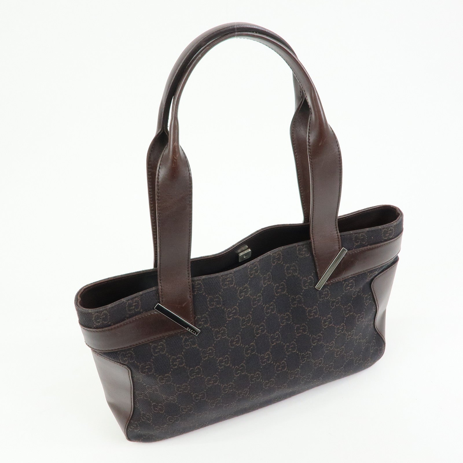 GUCCI GG Canvas Leather Hand Bag Tote Bag Dark Brown 73983