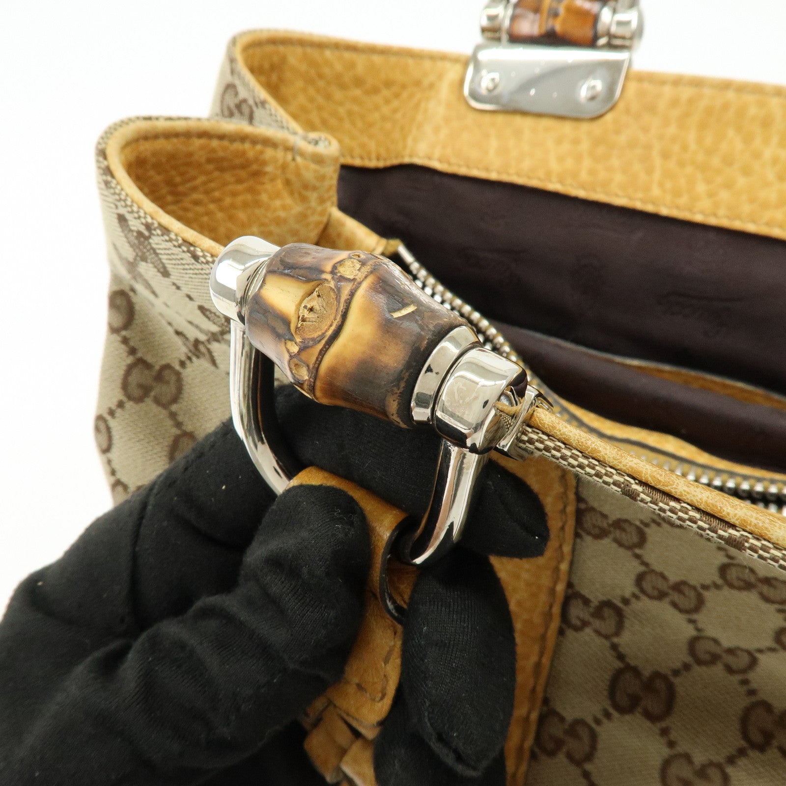 GUCCI Bamboo GG Canvas Leather Tote Bag Beige Yellow 232947