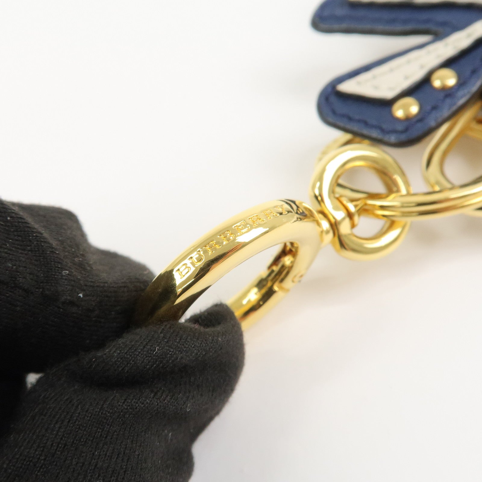 BURBERRY Leather Metal Bag Charm Key Holder Navy Gold