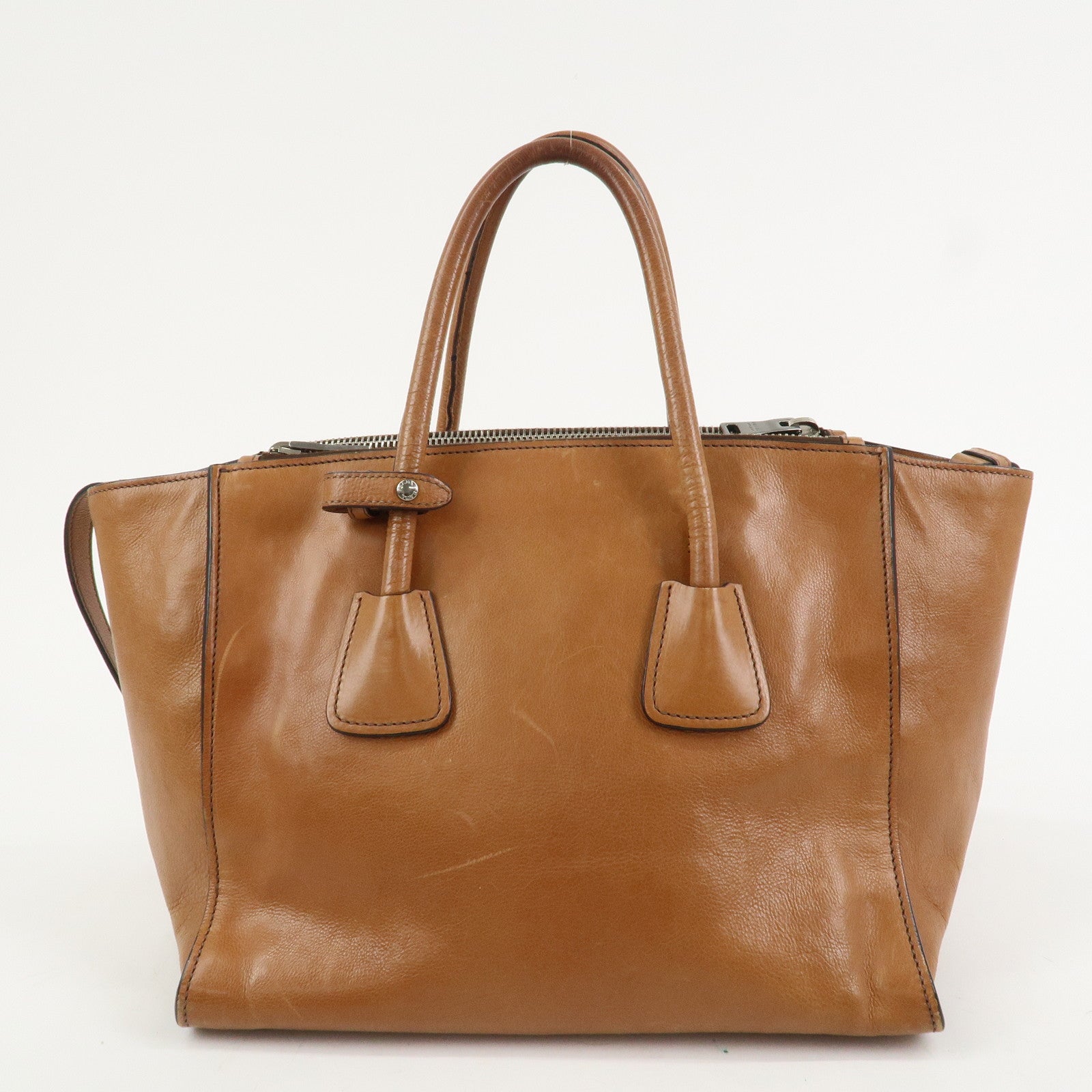 PRADA Triangle Logo Leather 2Way Hand Bag Shoulder Bag Brown BN2619