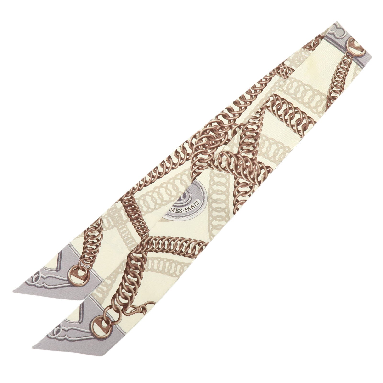 HERMES Twilly Silk 100% Scarf Chain Print Ivory Brown