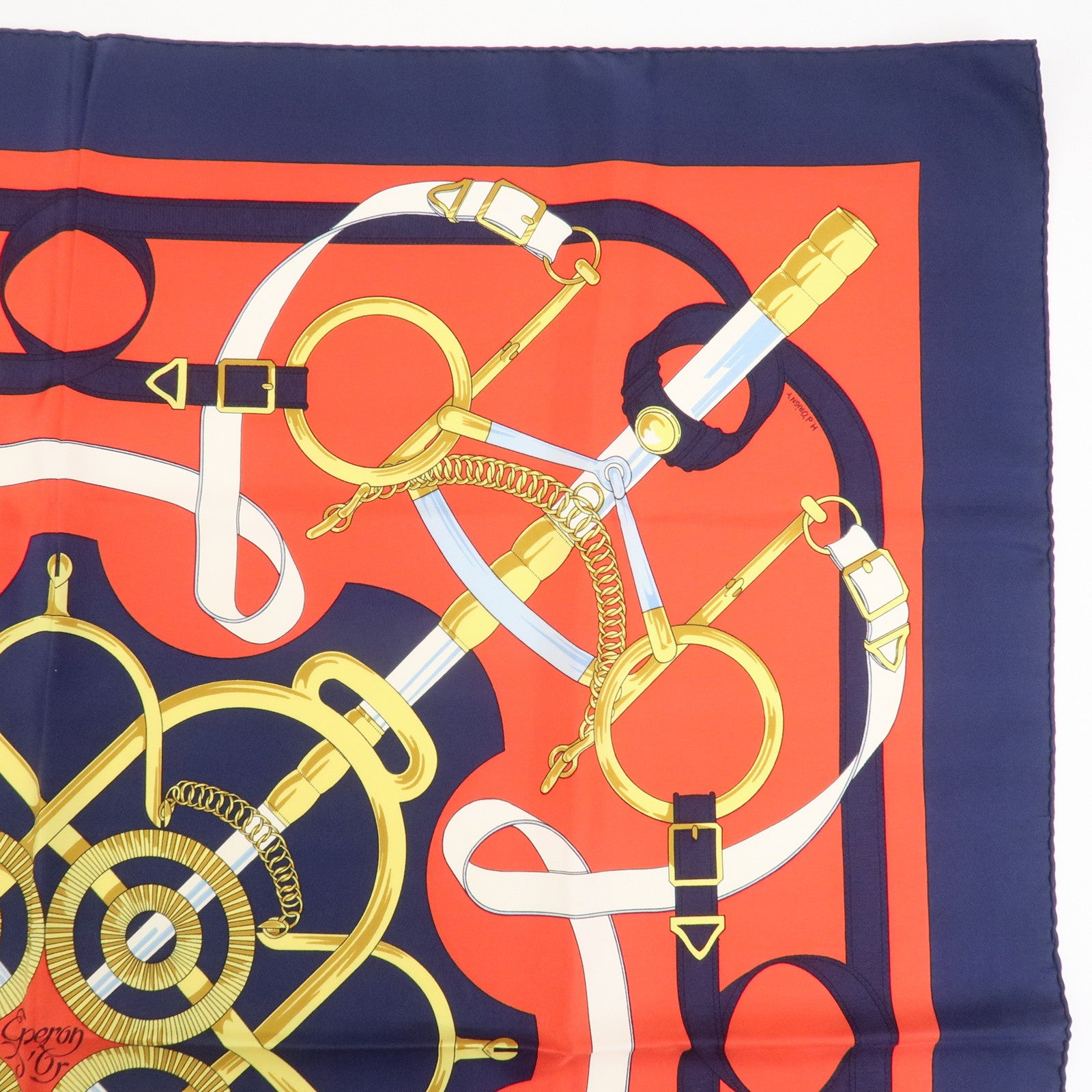 HERMES Carre 90 Silk 100% Scarf Eperon d'or White Navy