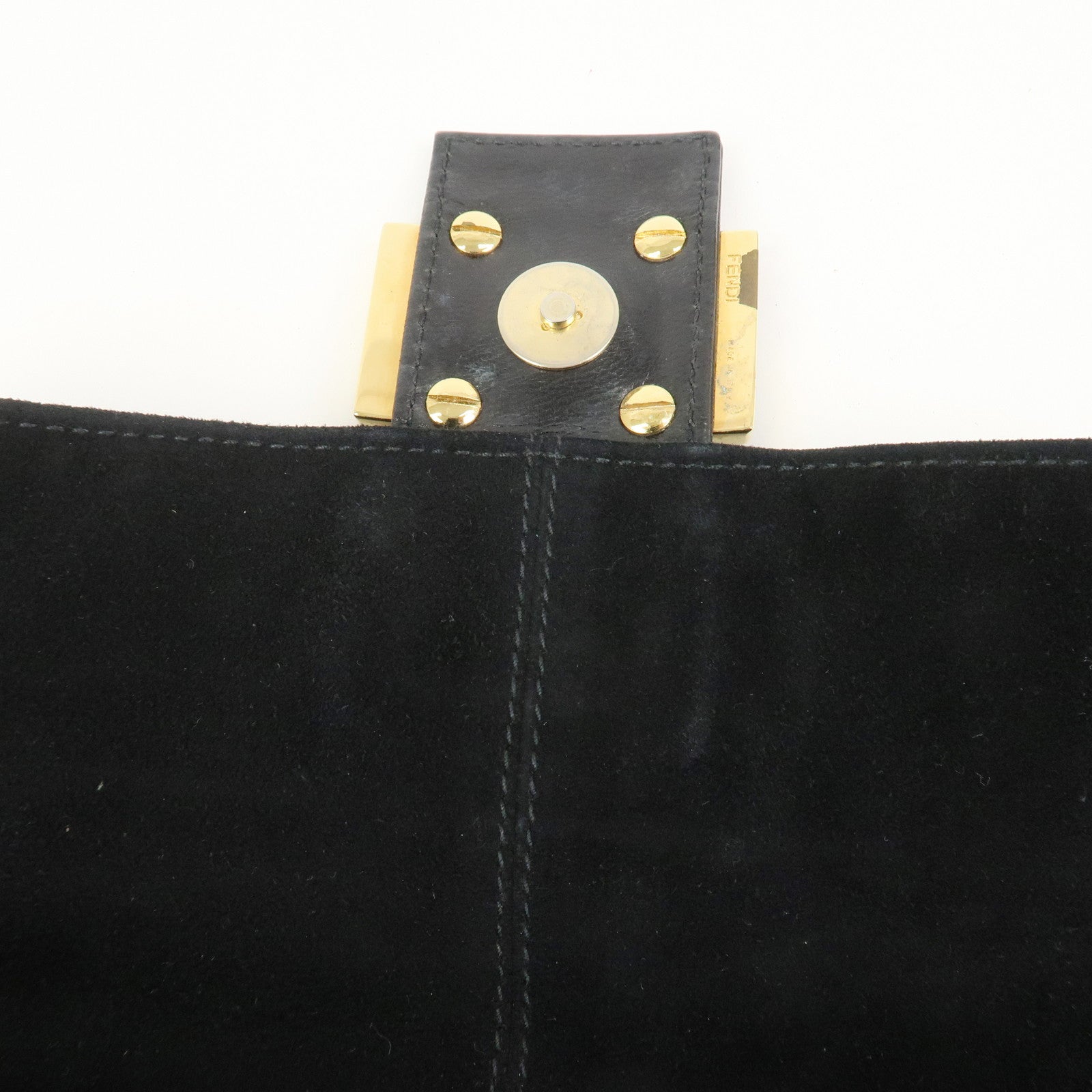 FENDI Mamma Baguette Logo Suede Shoulder Bag Black 26424