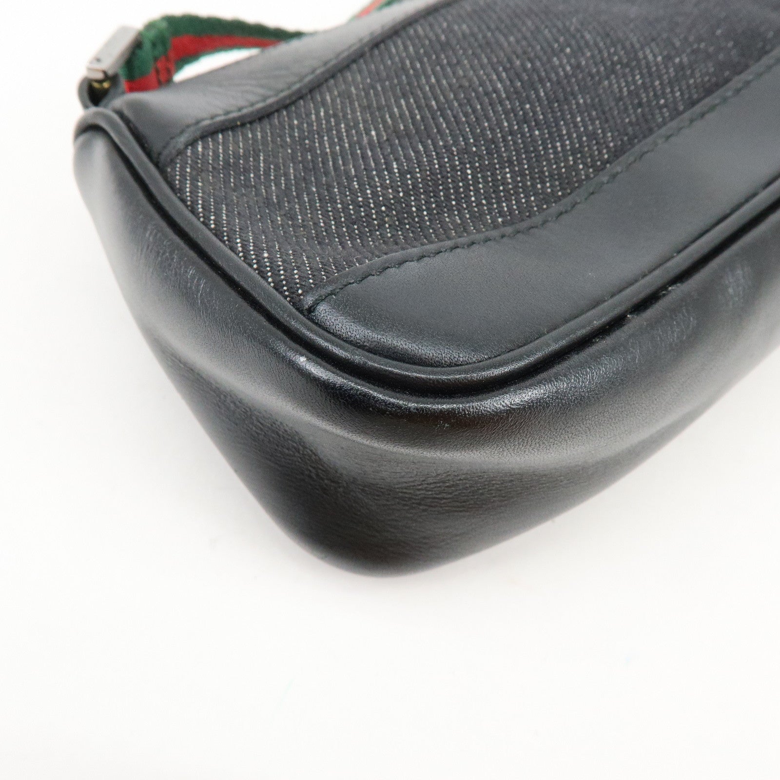 GUCCI Sherry Leather Denim Accessory Pouch Hand Bag Black 92820