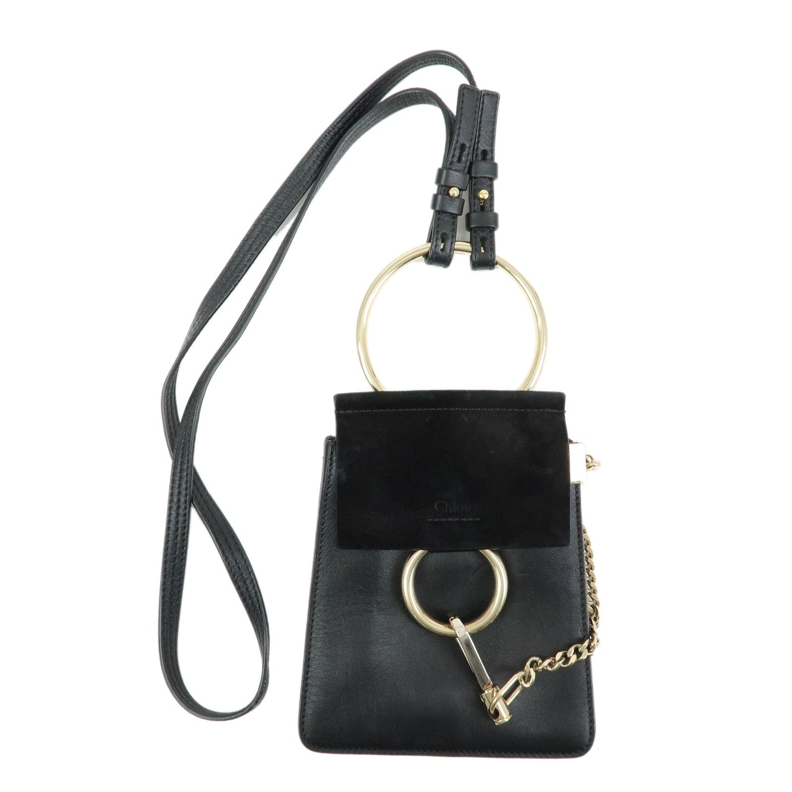 Chloe Faye Suede Leather Shoulder Bag Crossbody Bag Black Gold
