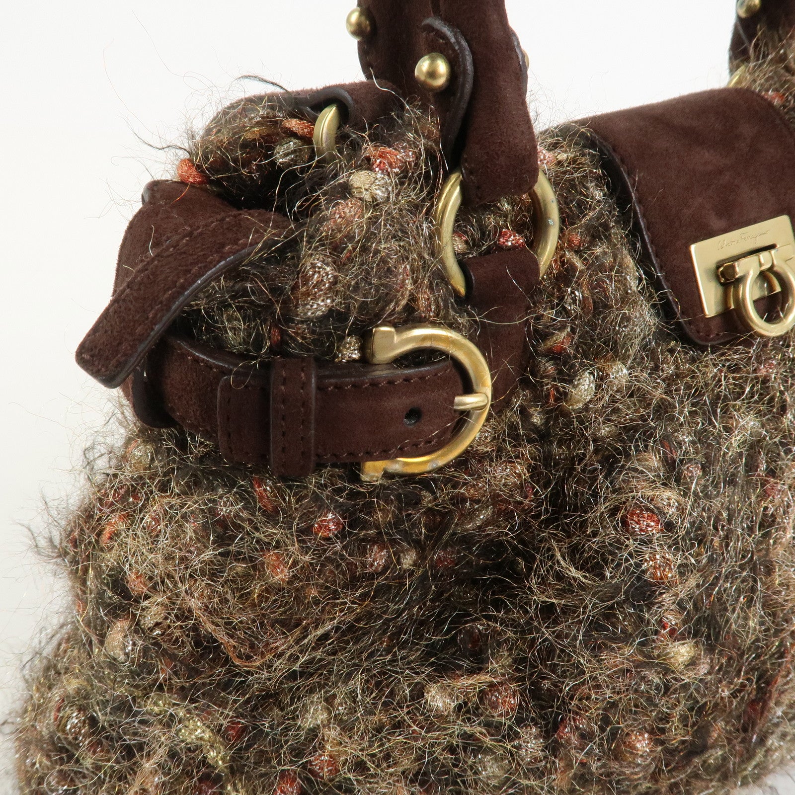 Ferragamo Gancini Wool Suede 2Way Bag Hand Bag Shoulder Bag Brown