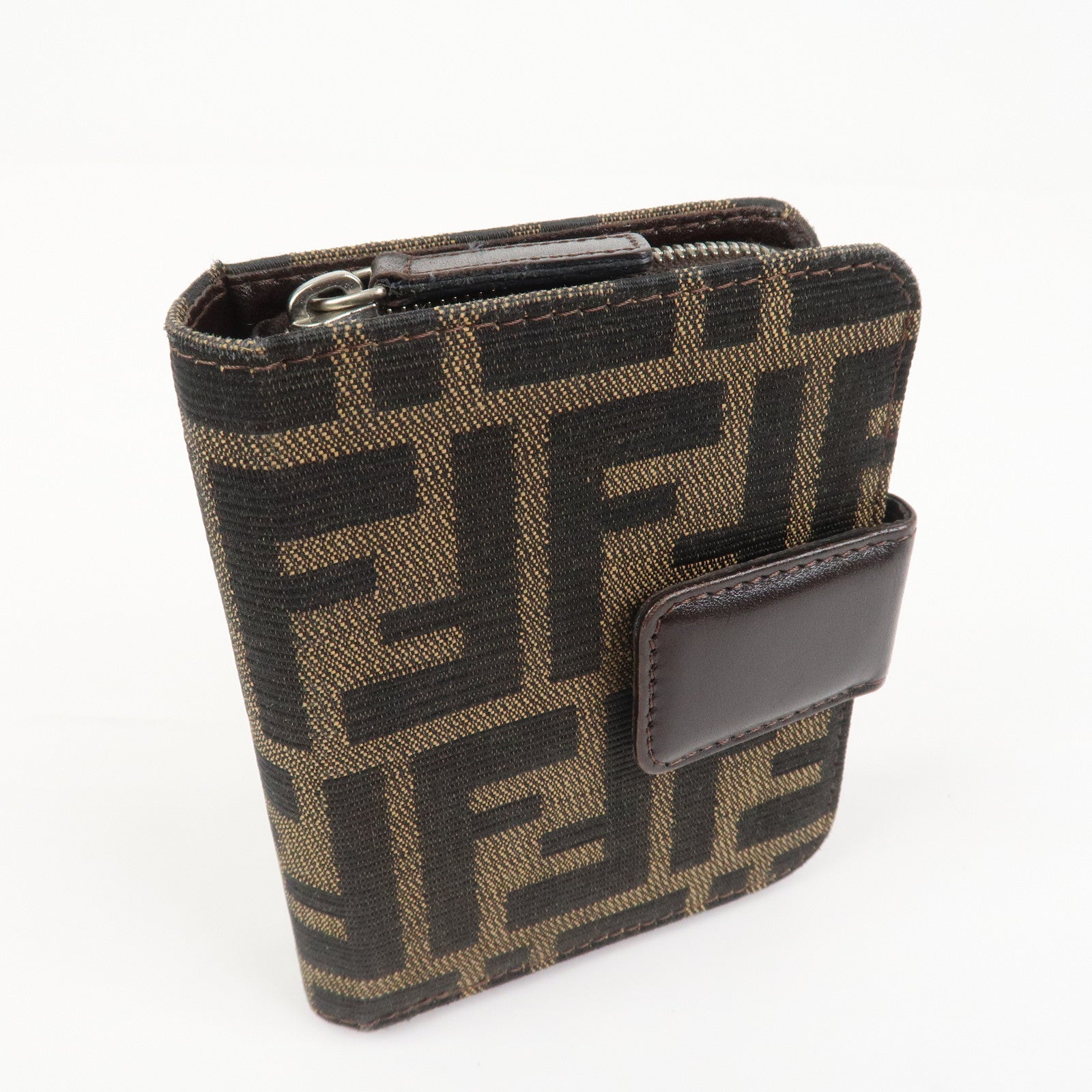 FENDI Zucca Canvas Leather Bi-fold Compact Wallet Brown Black 16348