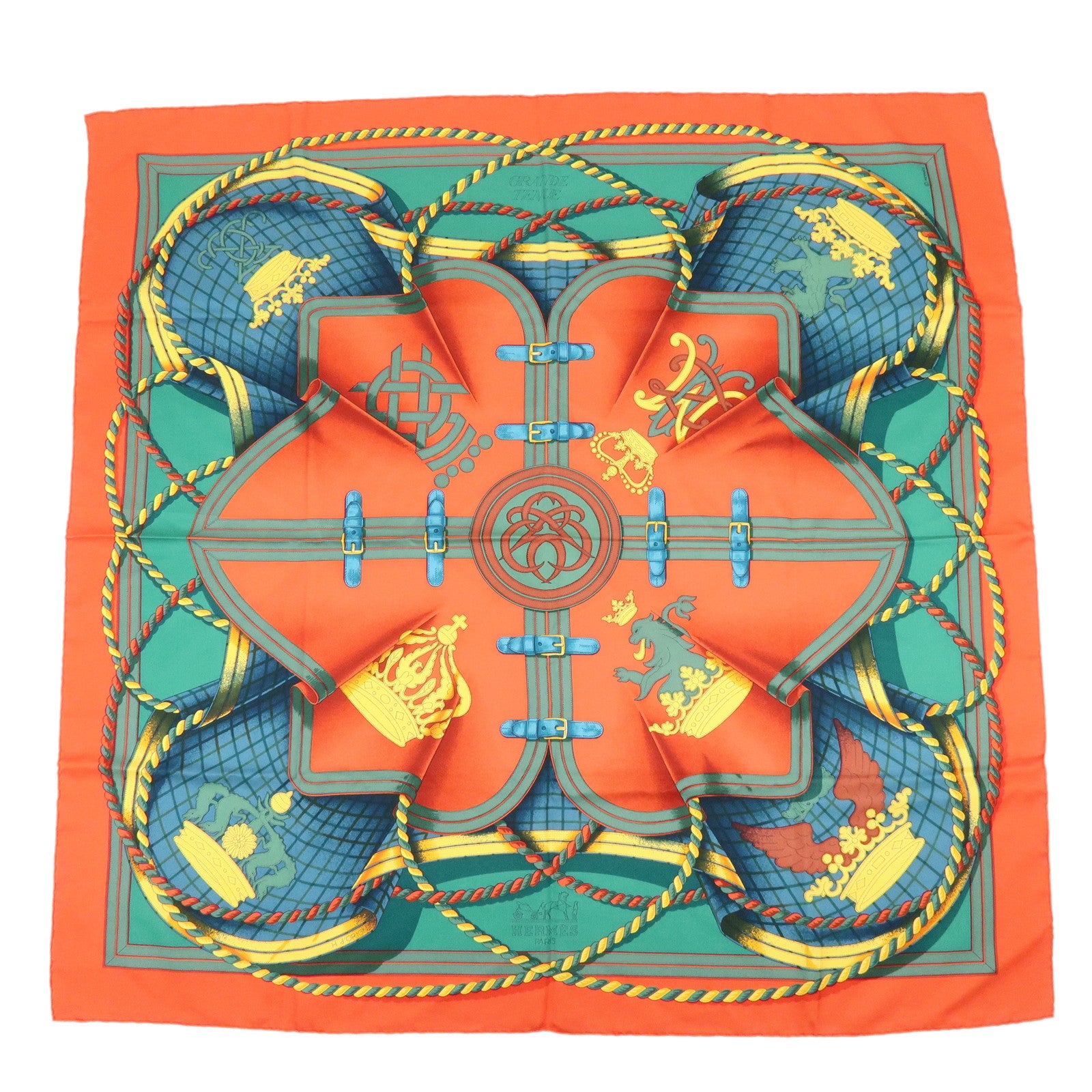 HERMES Carre 90 Silk 100% Scarf GRANDE TENUE Red Green