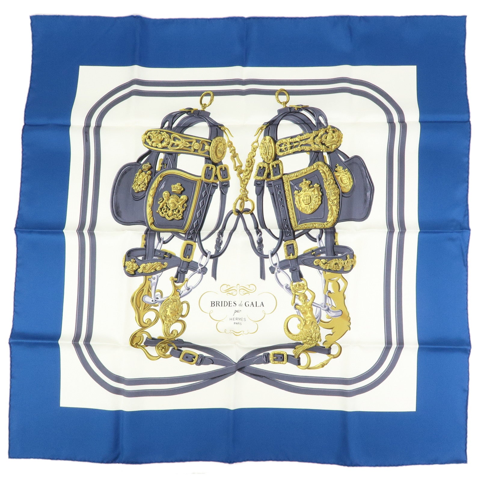 HERMES Carre 90 Silk 100% Scarf  BRIDES DE GALA Blue White