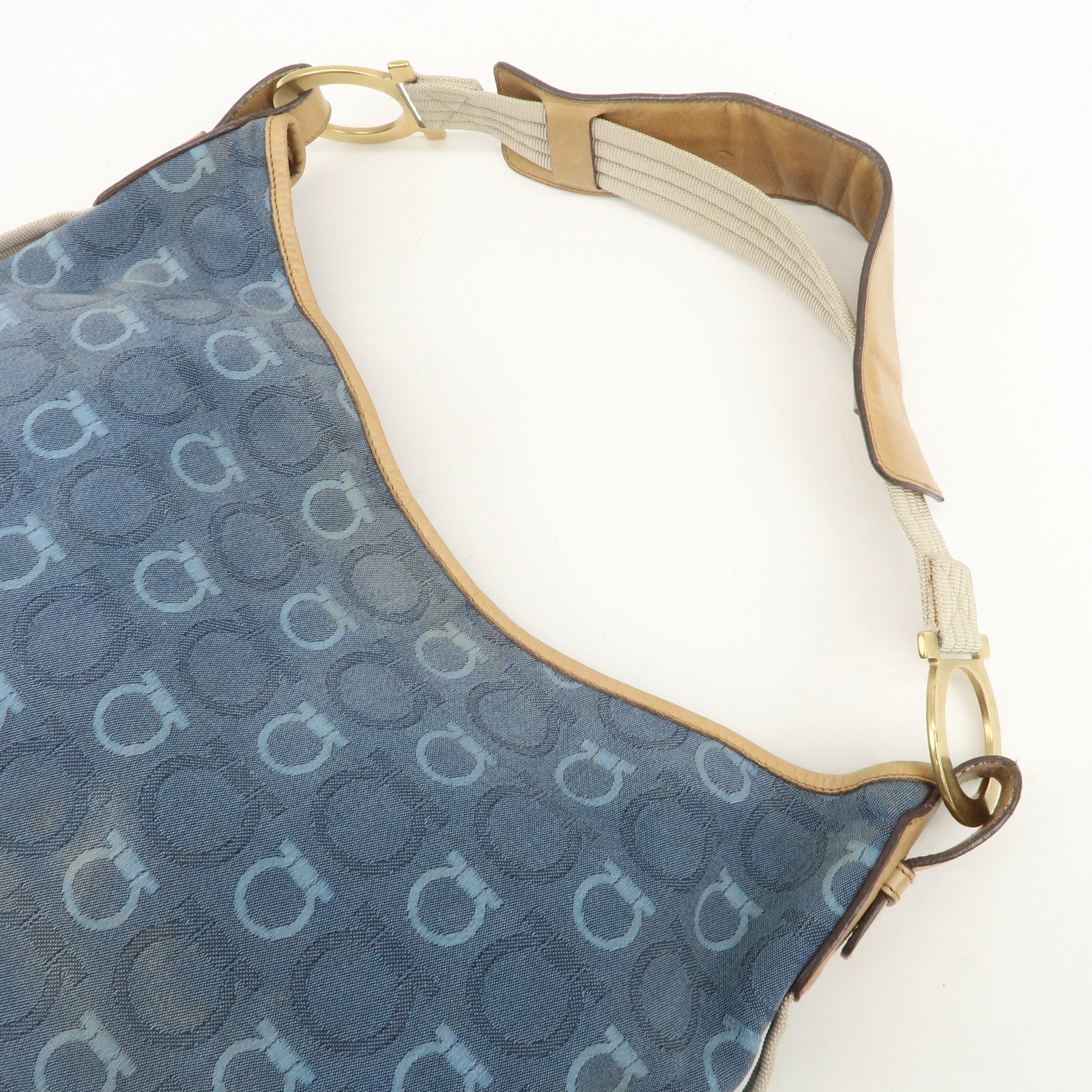 Ferragamo Gancini Canvas Leather Shoulder Bag Hand Bag Blue Beige