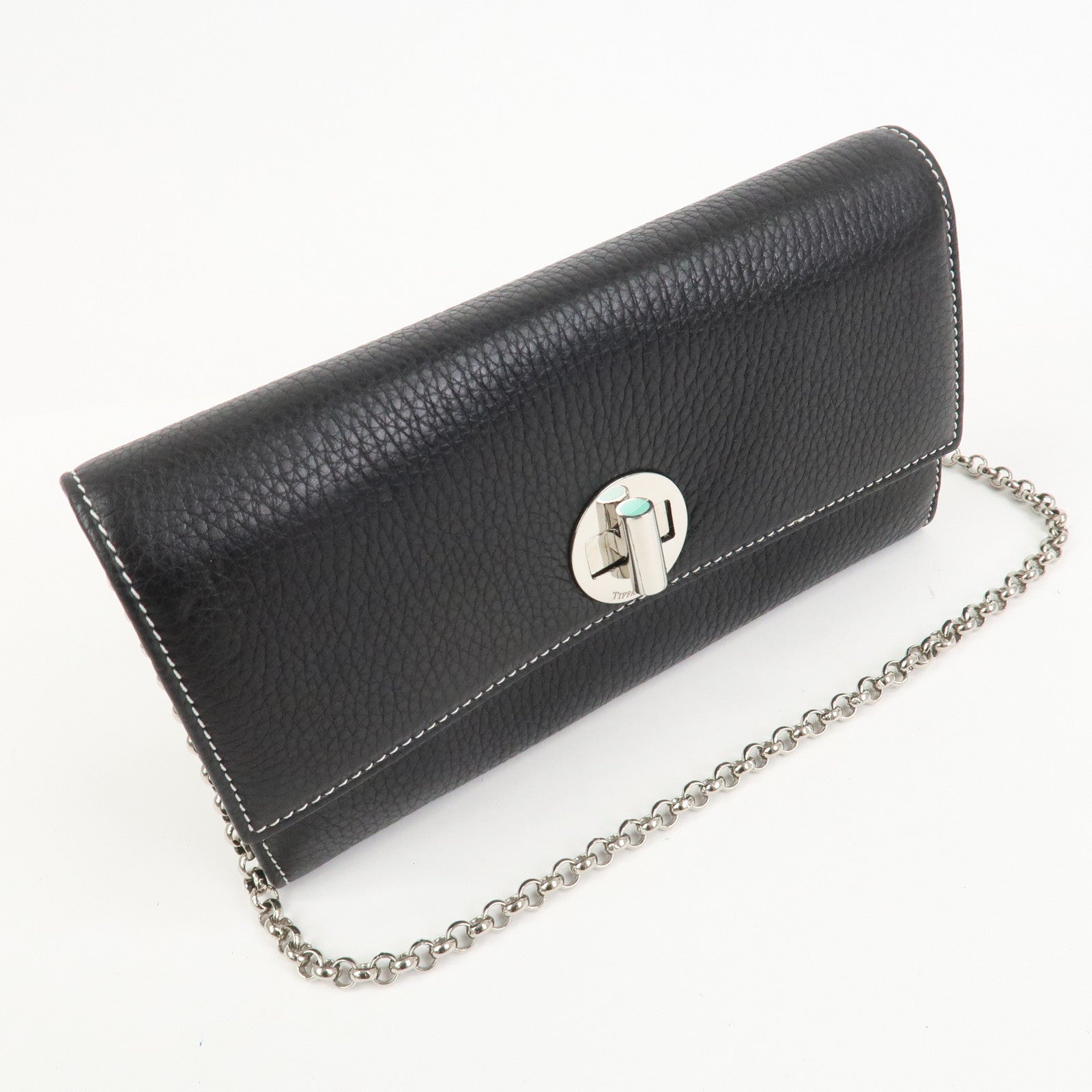 Tiffany & Co Leather Chain Long Wallet Shoulder Bag Black