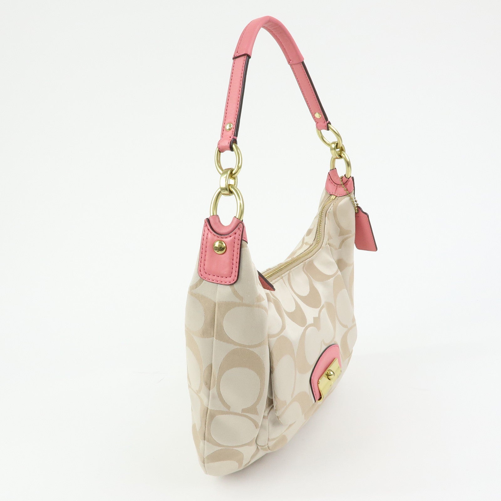 COACH Signature Nylon Leather 2Way Shoulder Bag Hand Bag Beige Pink