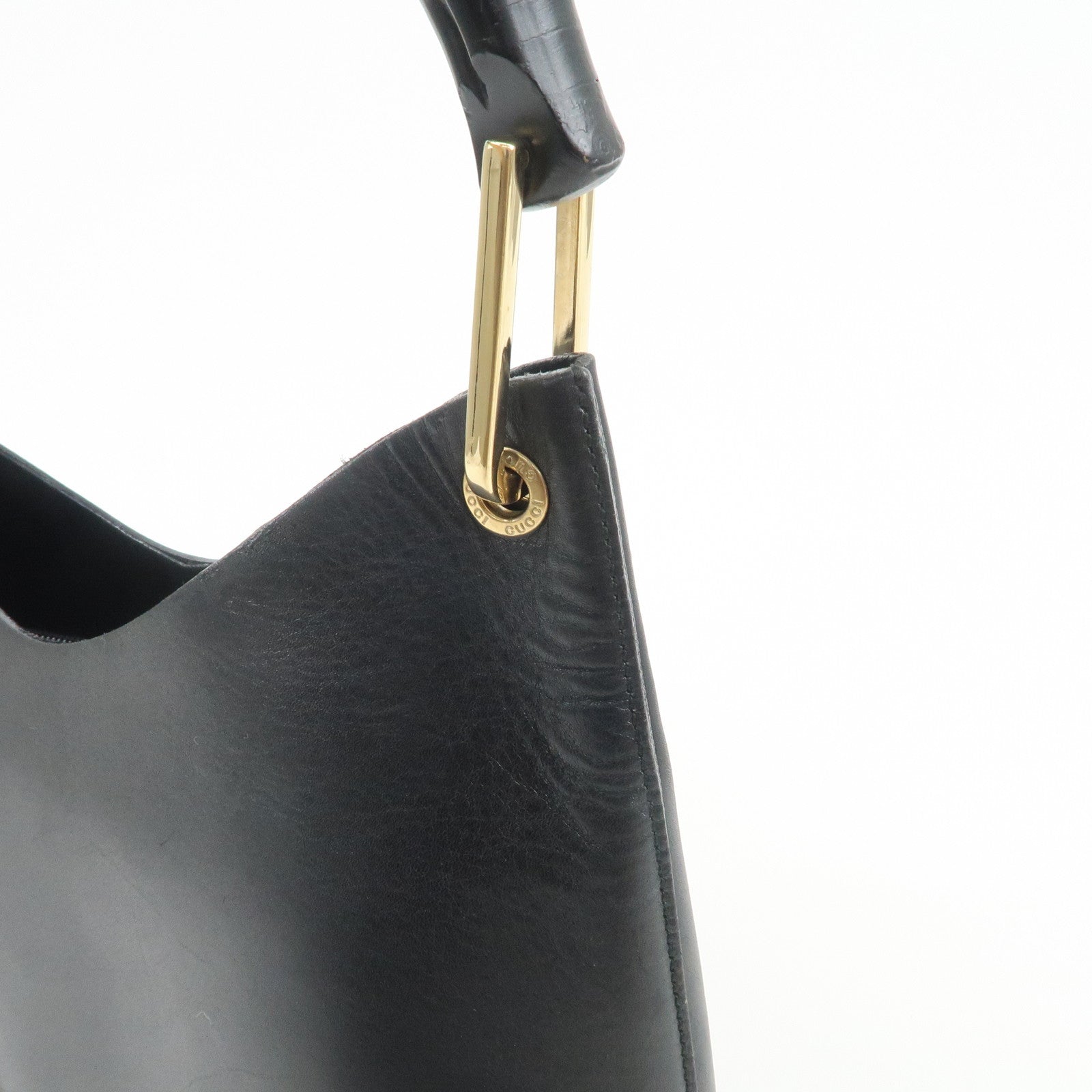 GUCCI Bamboo Leather Shoulder Bag Hand Bag Black Gold