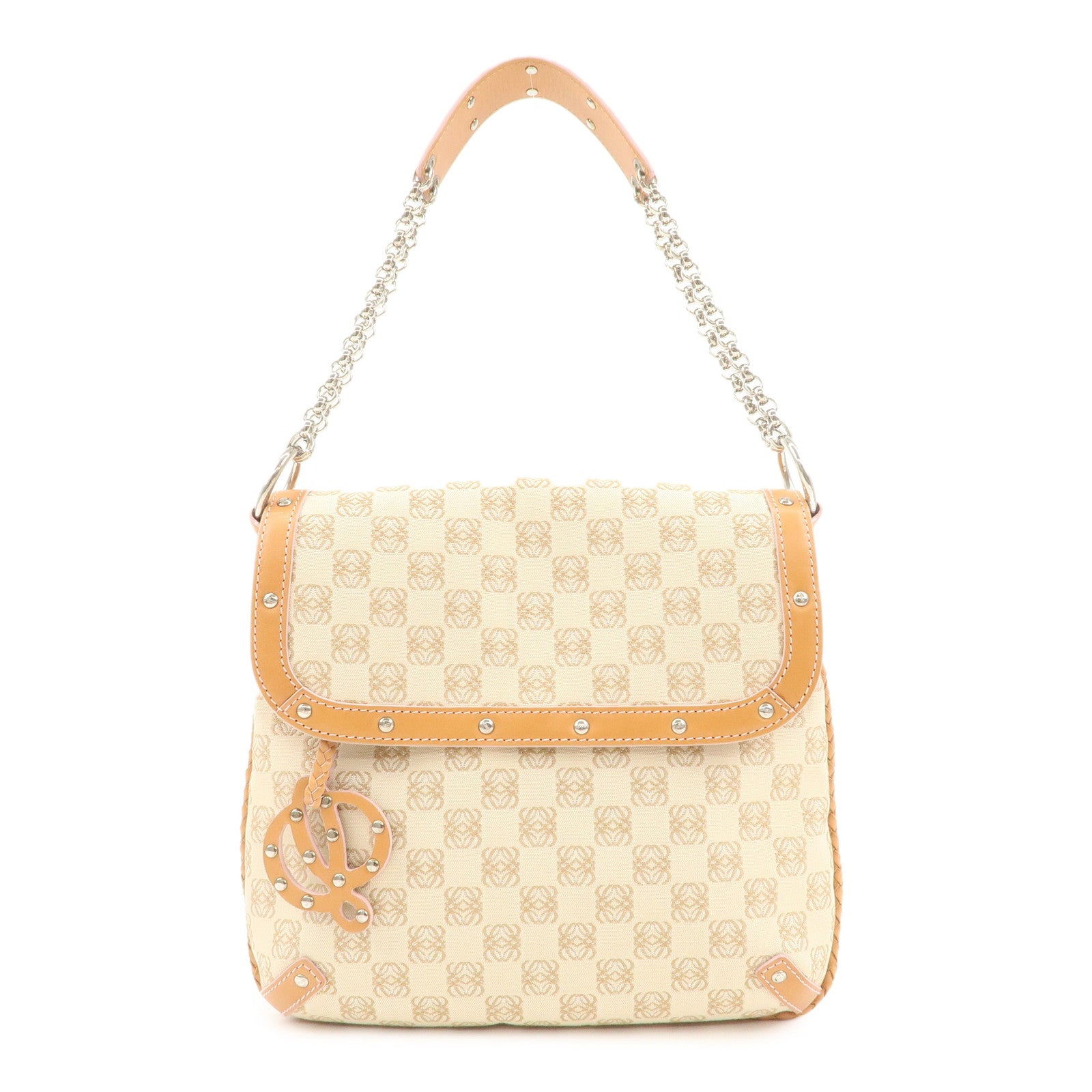 LOEWE Repeat Anagram Leather Canvas Chain Shoulder Bag Beige Brown Used