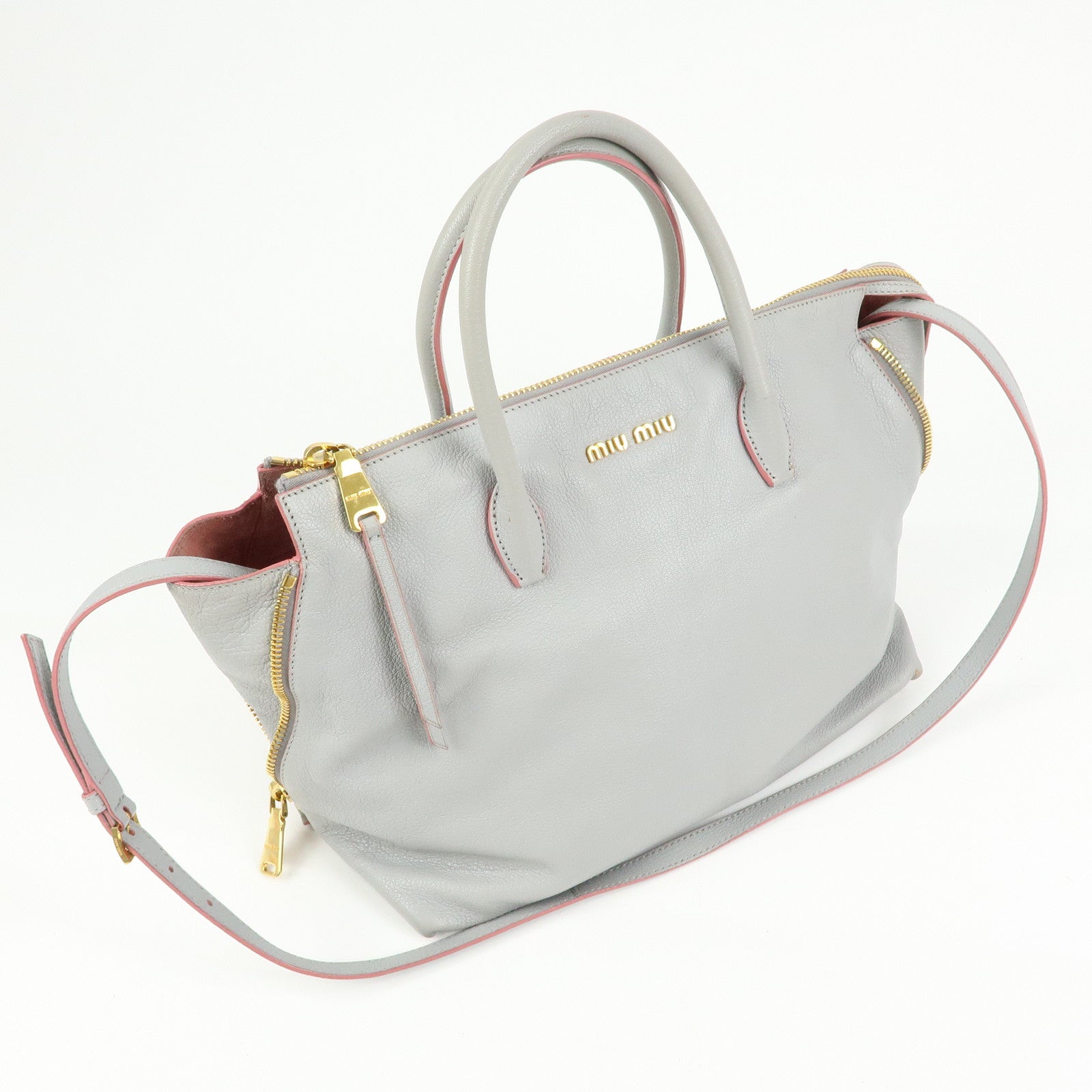 MIU MIU MADRAS Leather 2Way Bag Hand Bag Shoulder Bag Gray 5BB015