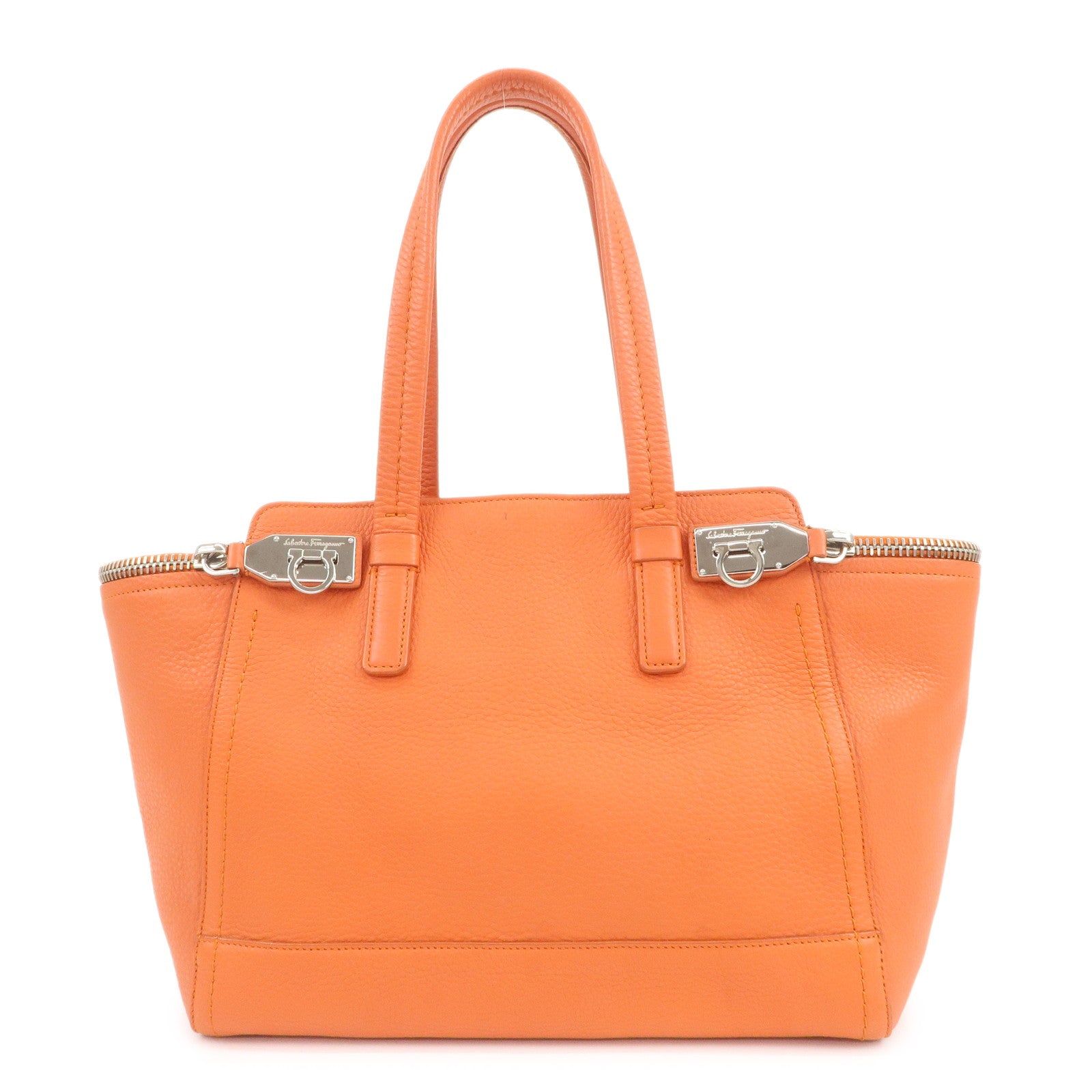 Ferragamo Gancini Leather Tote Bag Hand Bag SHouder Bag Orange