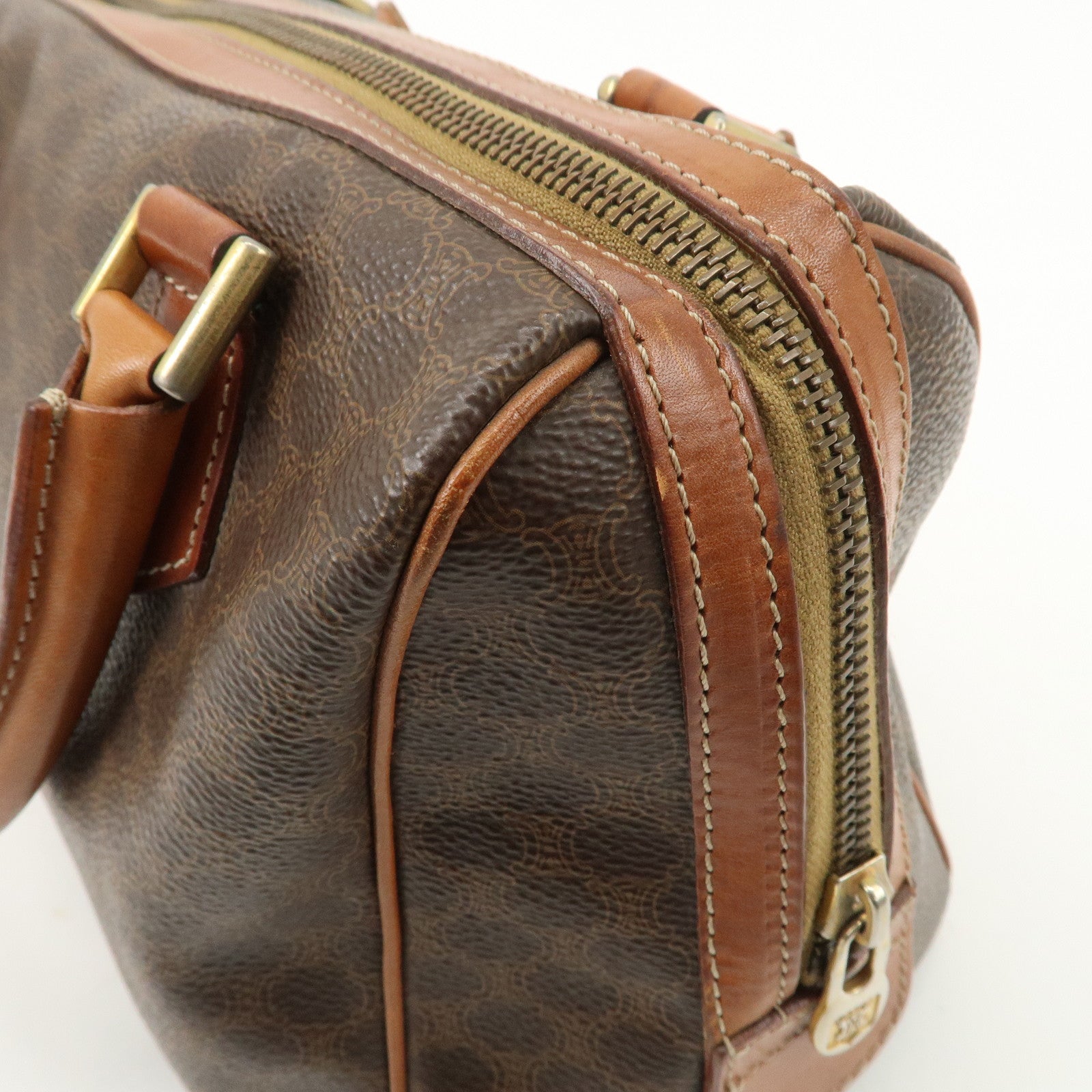 CELINE Macadam Leather PVC Boston Bag Hand Bag Brown Used