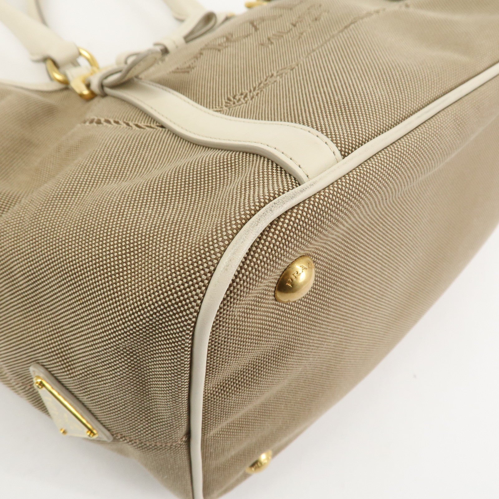 PRADA Logo Jaquard Leather 2Way Hand Bag Shoulder Bag Beige White