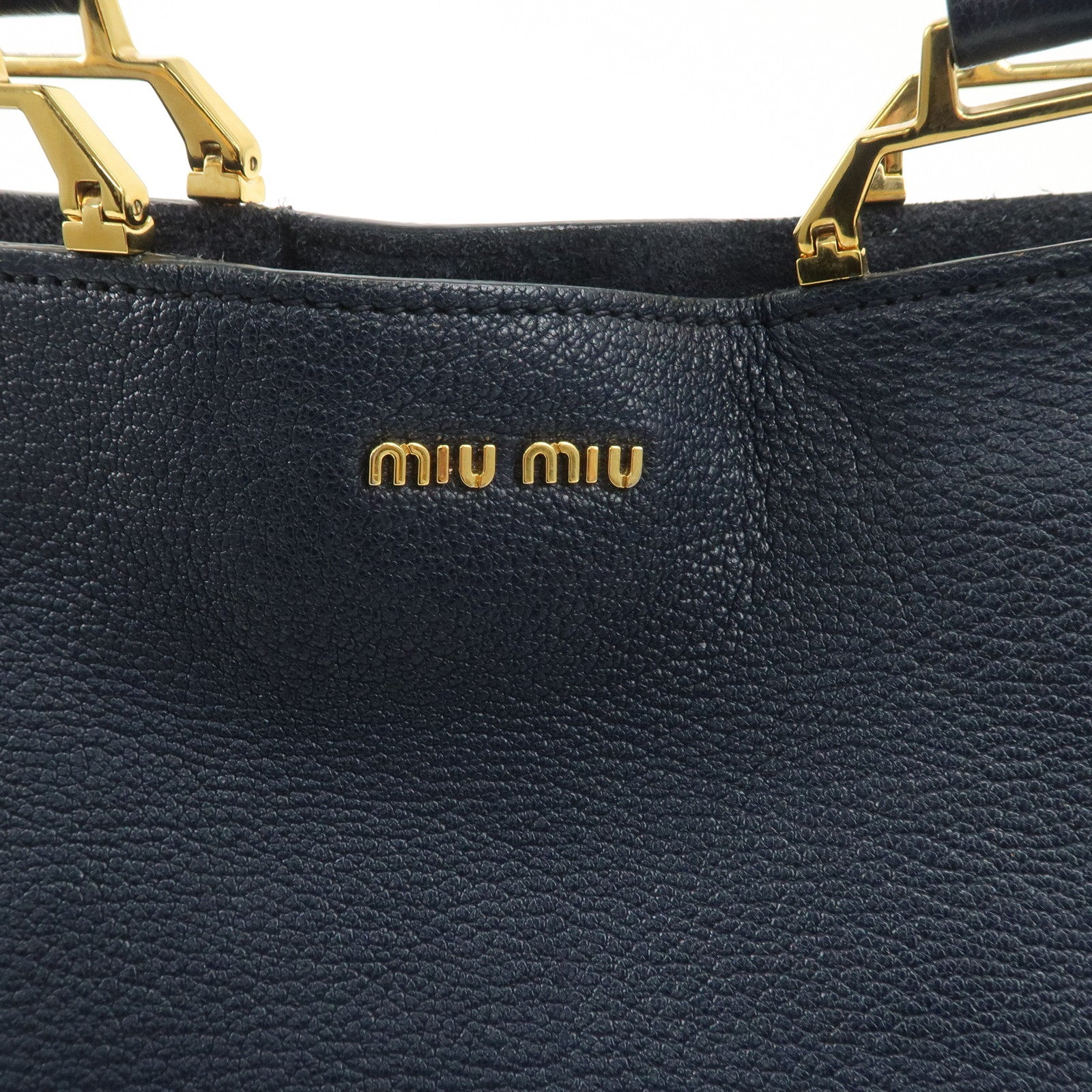 MIUMIU Logo Madras Leather Hand Bag Tote Bag Navy Gold Hardware Used