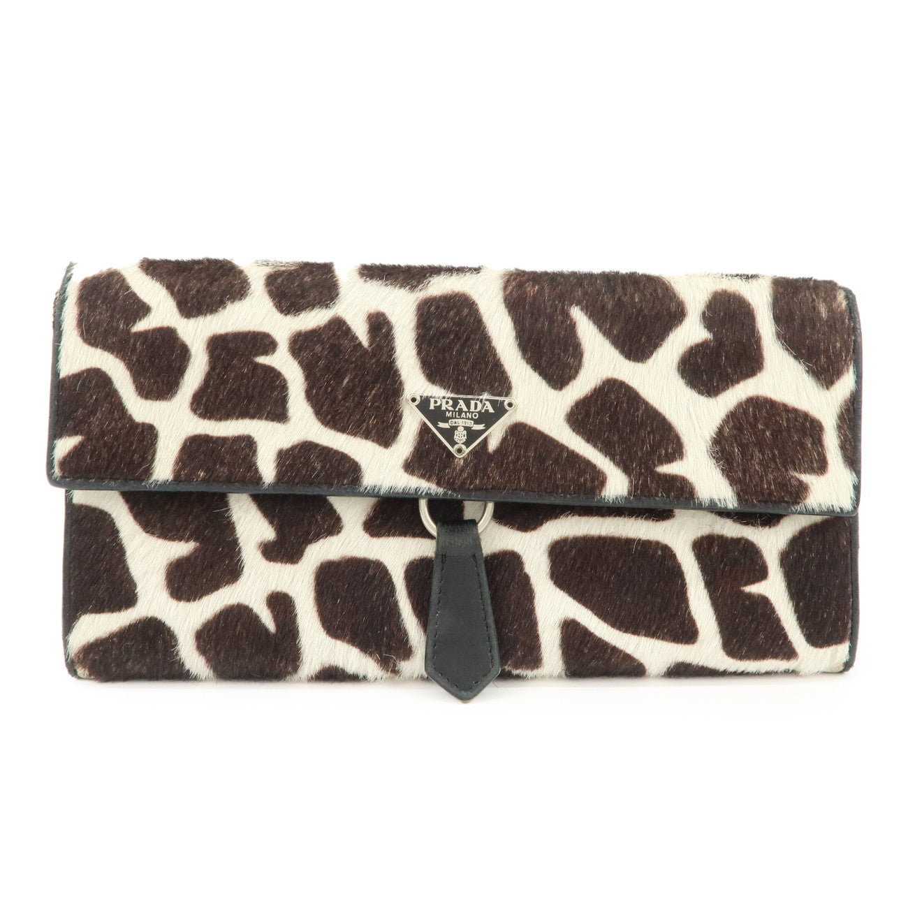 PRADA Unborn Carf Leather Bi-Fold Long Wallet Brown White